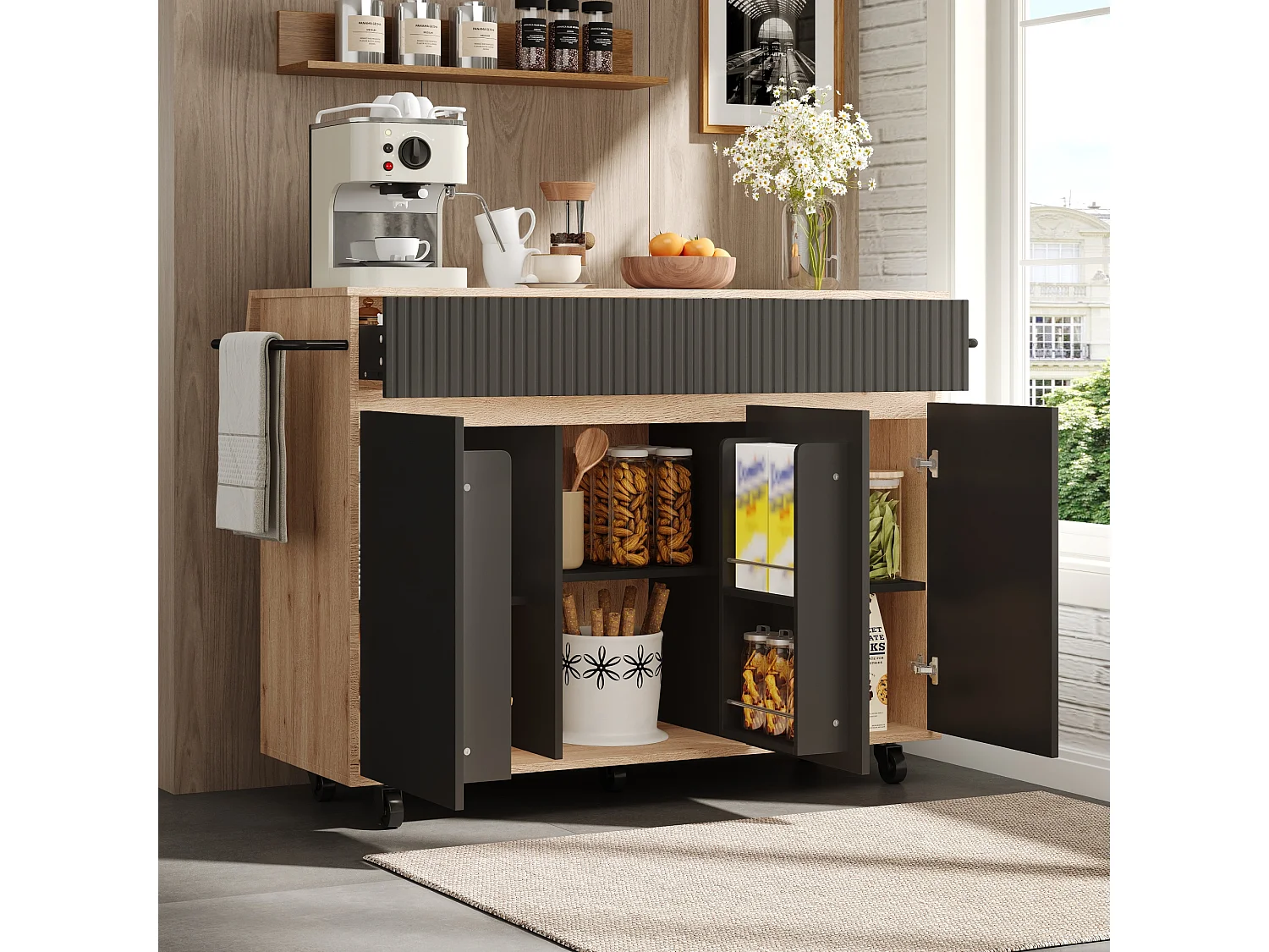 Îlot central de cuisine mobile - table à manger pliable - avec 3 portes et 2 tiroirs - avec roulettes verrouillables - Noir