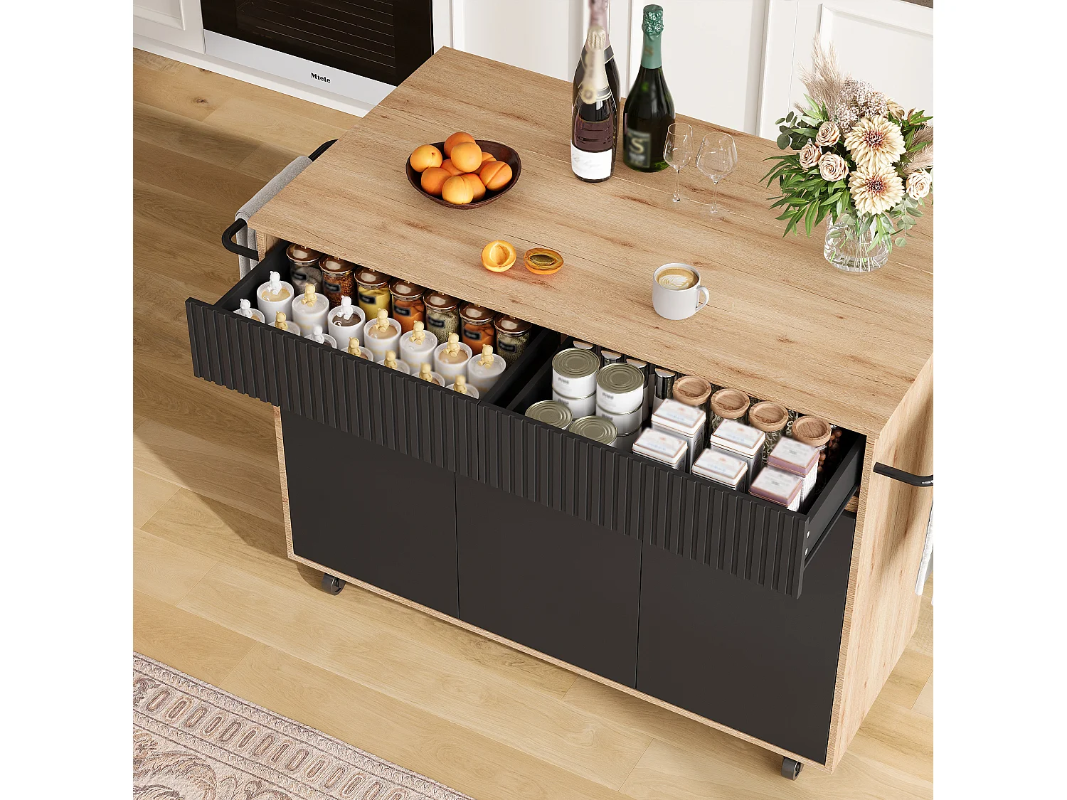 Îlot central de cuisine mobile - table à manger pliable - avec 3 portes et 2 tiroirs - avec roulettes verrouillables - Noir