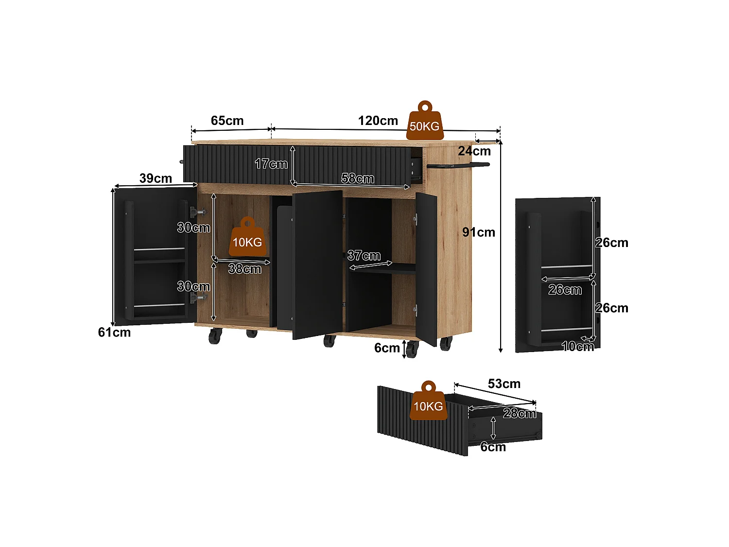 Îlot central de cuisine mobile - table à manger pliable - avec 3 portes et 2 tiroirs - avec roulettes verrouillables - Noir