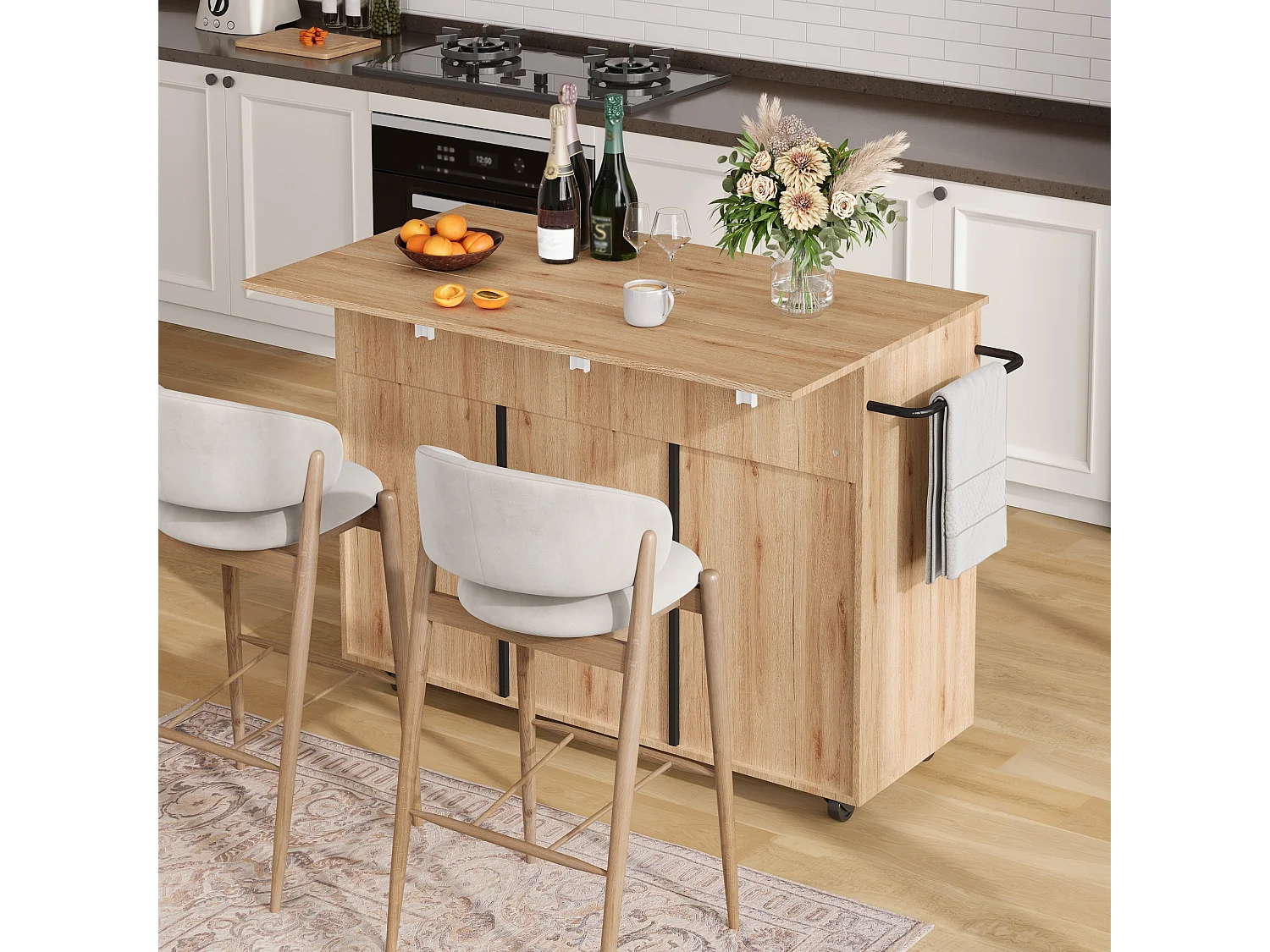 Îlot central de cuisine mobile - table à manger pliable - avec 3 portes et 2 tiroirs - avec roulettes verrouillables - Noir