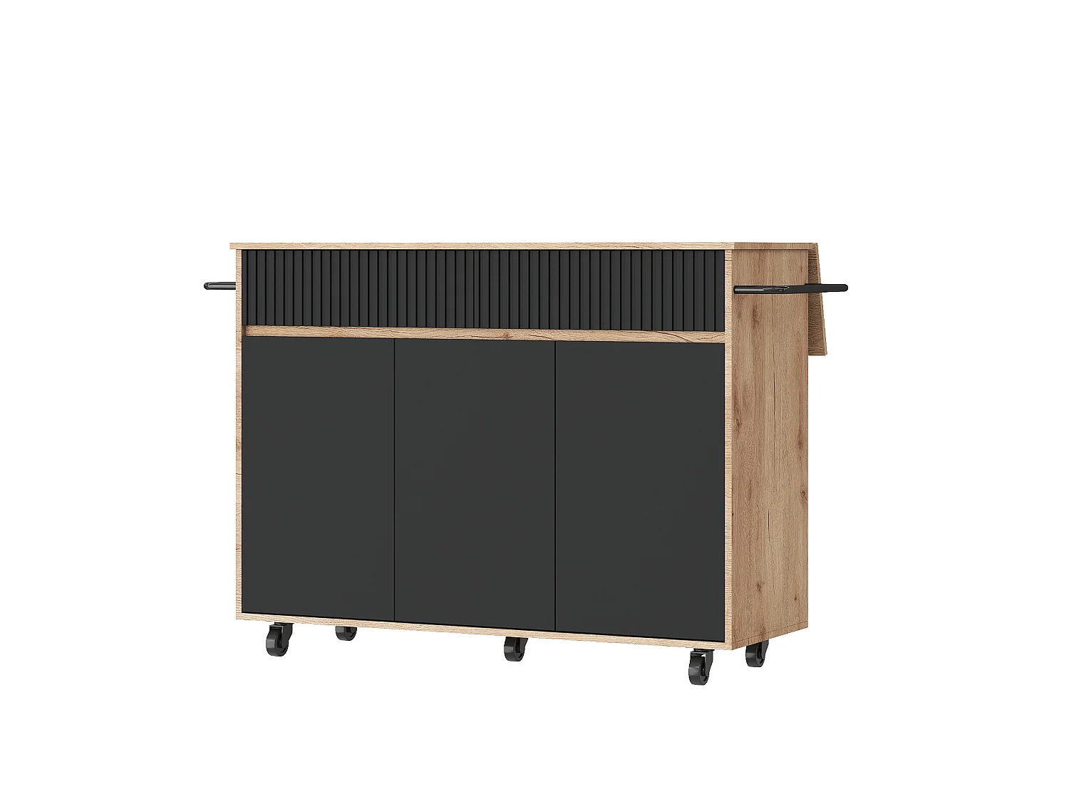 Îlot central de cuisine mobile - table à manger pliable - avec 3 portes et 2 tiroirs - avec roulettes verrouillables - Noir
