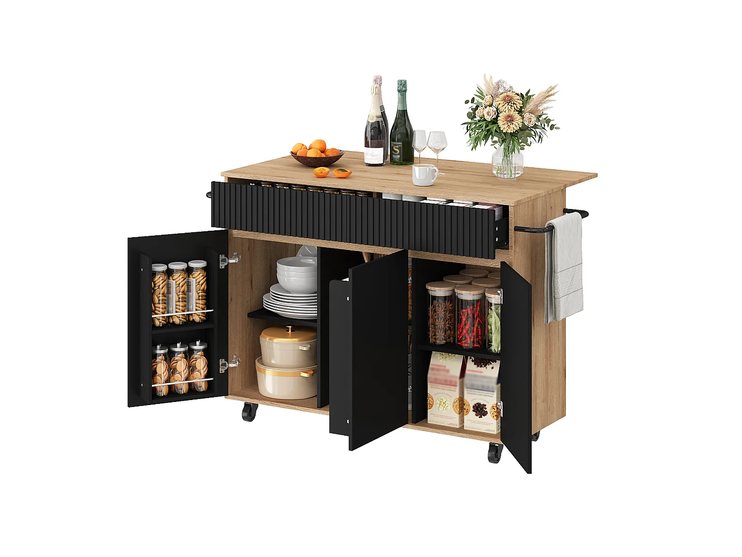 Îlot central de cuisine mobile - table à manger pliable - avec 3 portes et 2 tiroirs - avec roulettes verrouillables - Noir