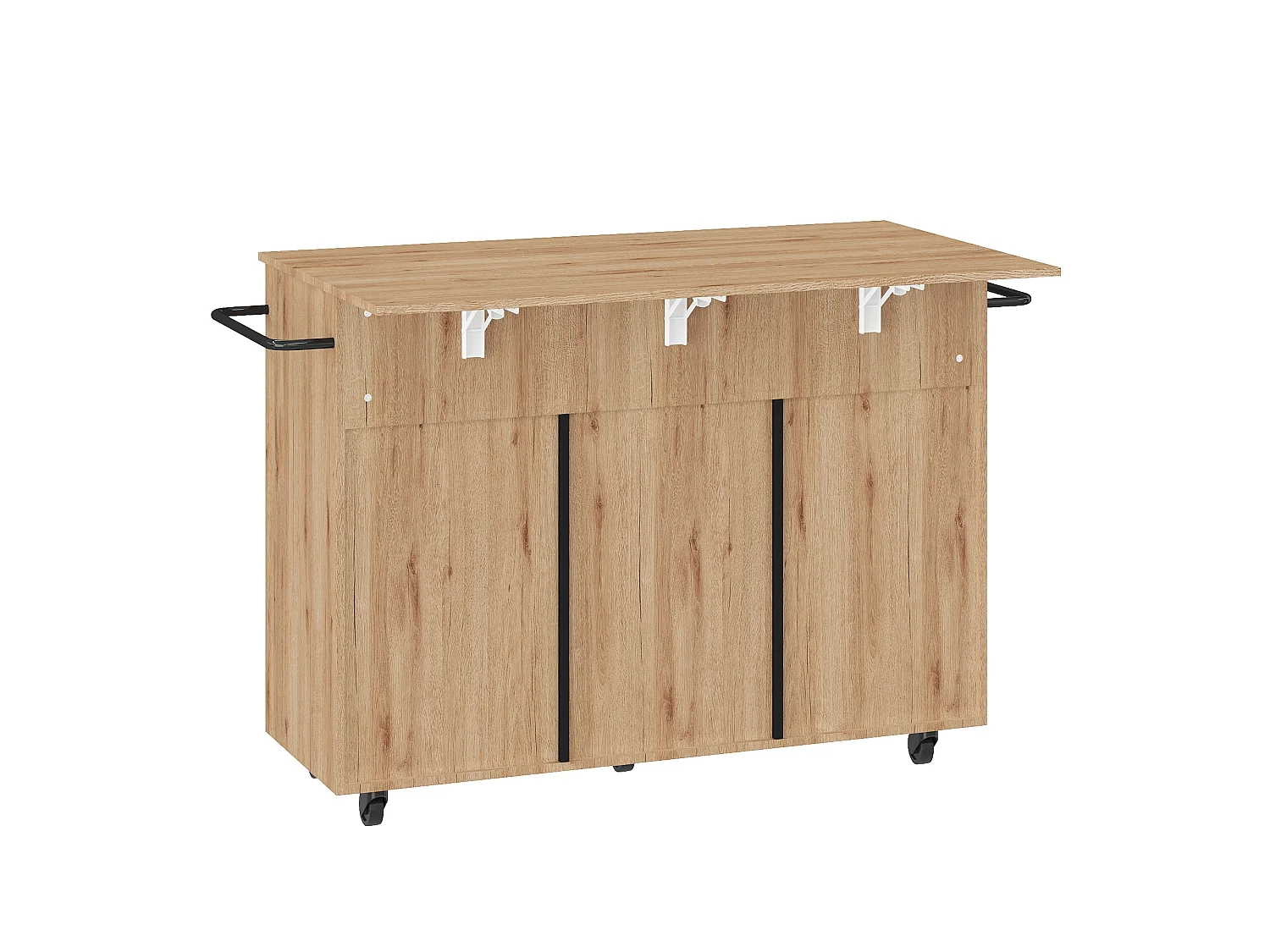 Îlot central de cuisine mobile - table à manger pliable - avec 3 portes et 2 tiroirs - avec roulettes verrouillables - Noir
