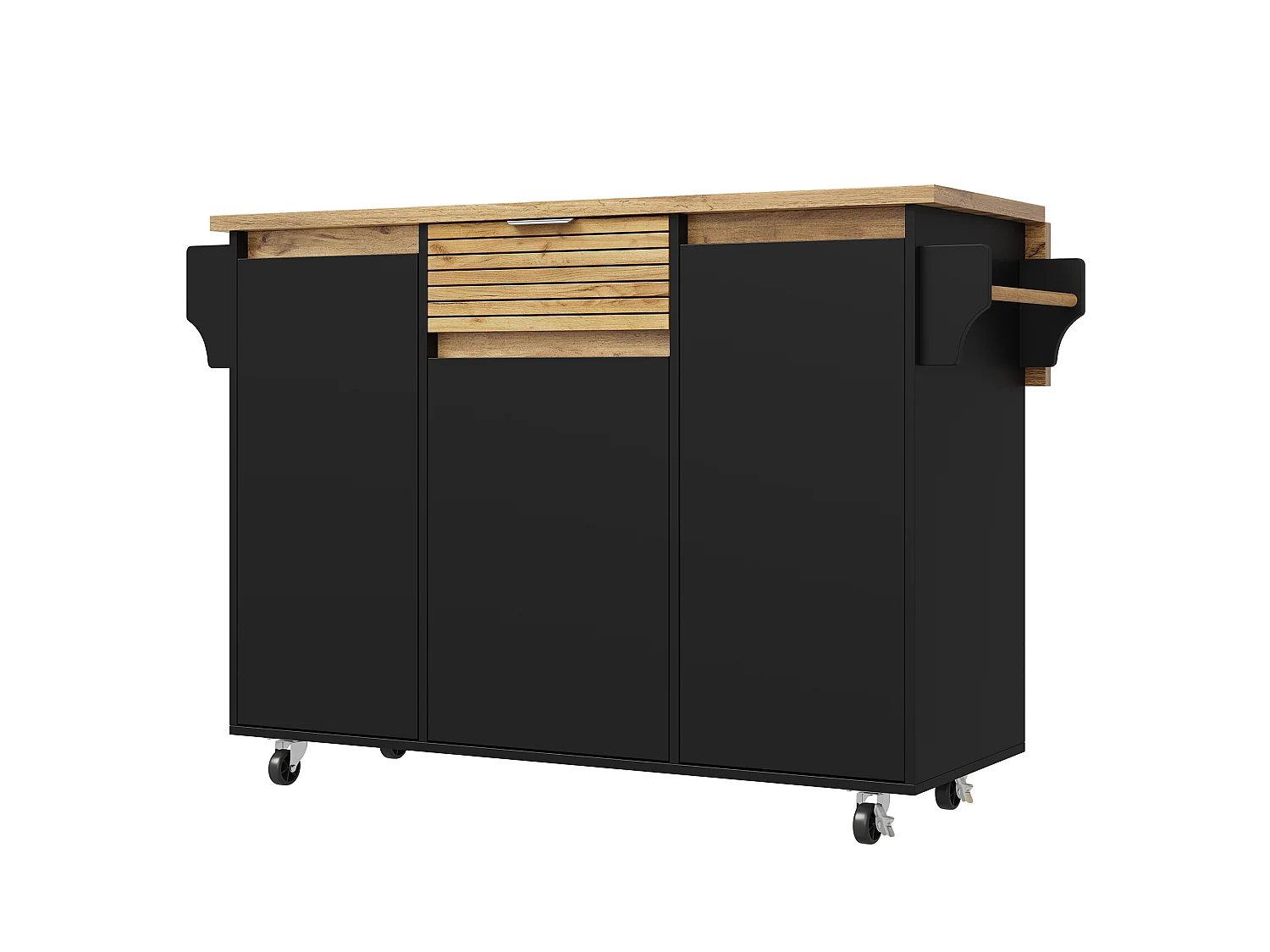 Ilha central de cozinha móvel - mesa de jantar dobrável - com 3 portas e 1 gaveta - com rodízios bloqueáveis - Preto