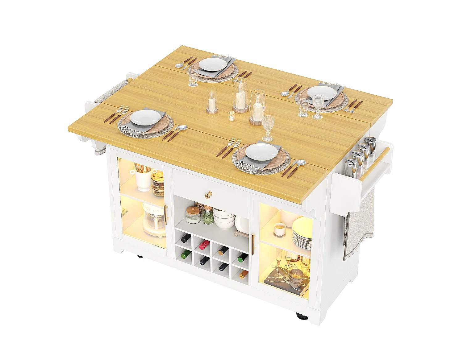 Mobilna wyspa kuchenna 120cm - Wózek serwisowy ze składanymi półkami, oświetleniem LED RGB, skrzynką na wino i ergonomiczną wysokością - Biały