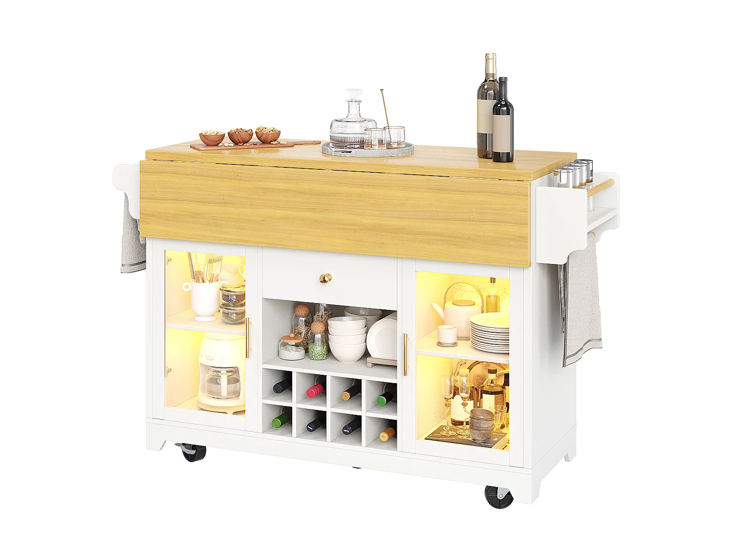 Mobilna wyspa kuchenna 120cm - Wózek serwisowy ze składanymi półkami, oświetleniem LED RGB, skrzynką na wino i ergonomiczną wysokością - Biały
