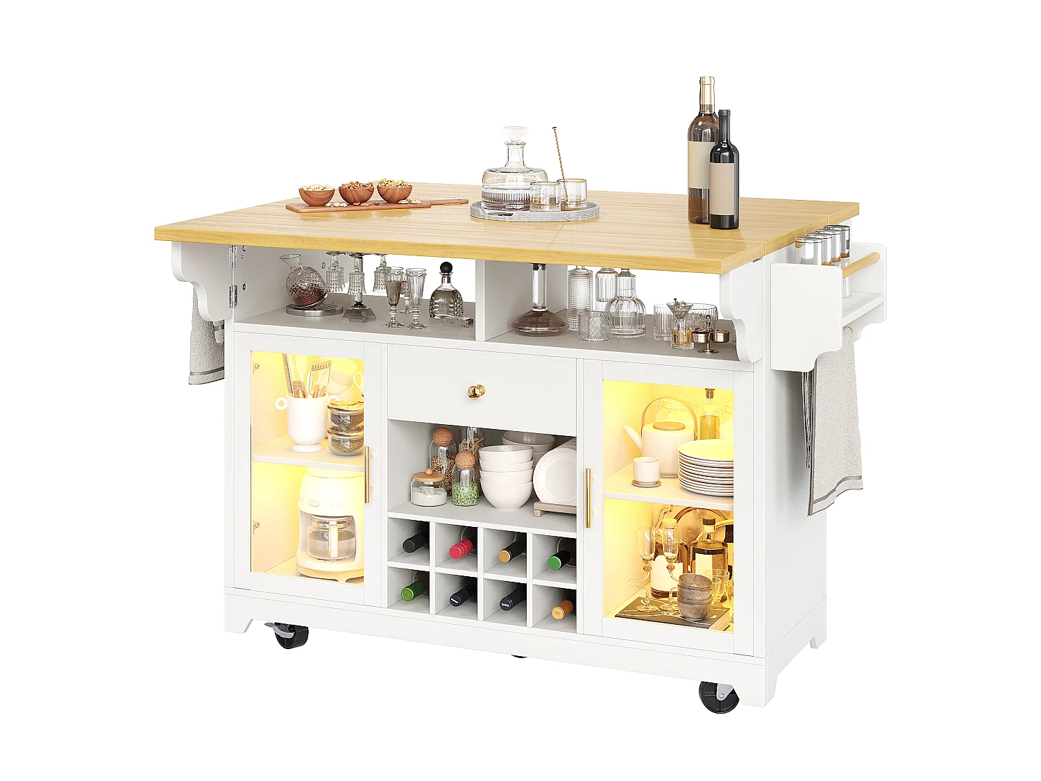 Mobilna wyspa kuchenna 120cm - Wózek serwisowy ze składanymi półkami, oświetleniem LED RGB, skrzynką na wino i ergonomiczną wysokością - Biały