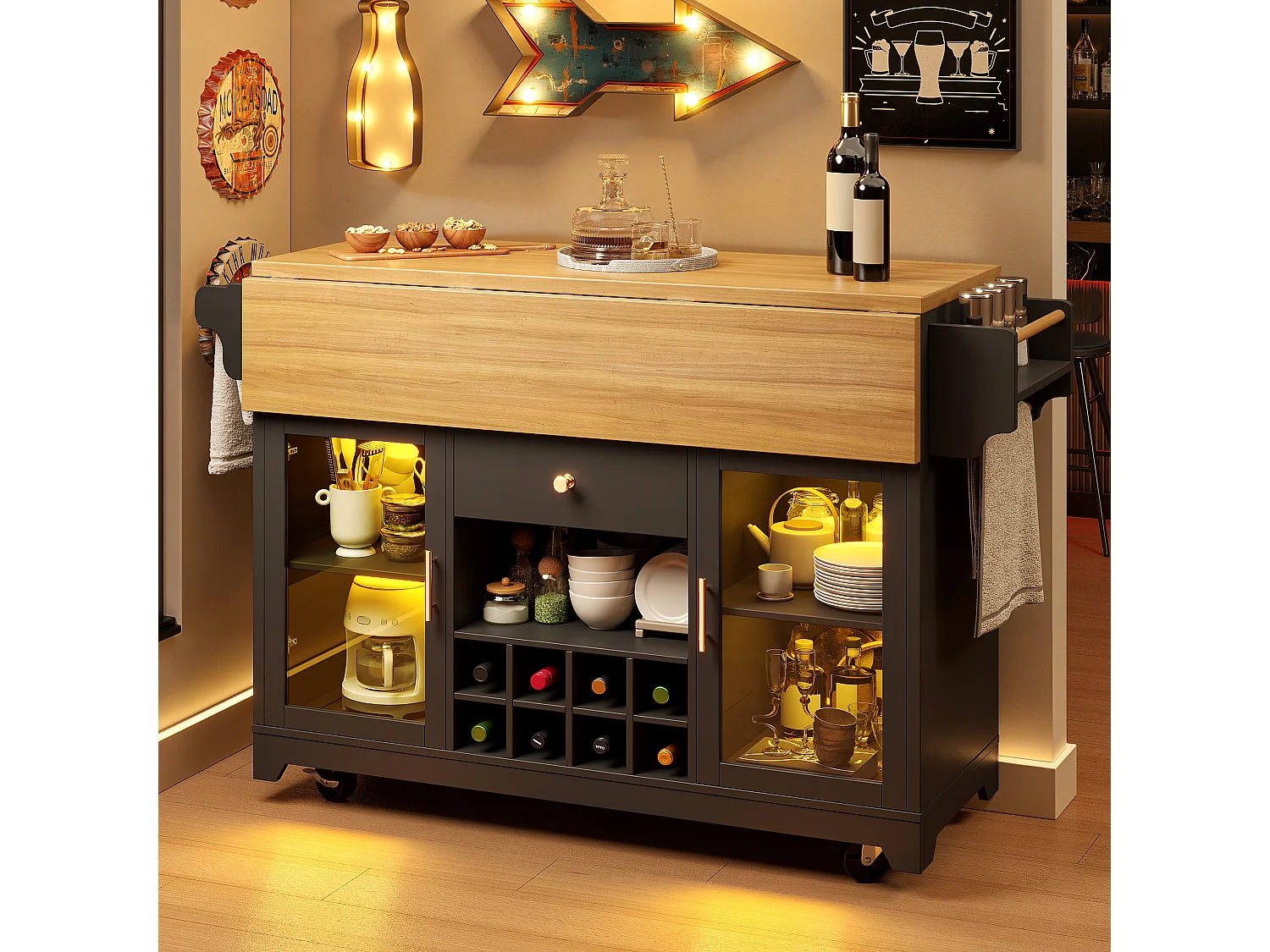 Mobil köksö 120cm - Serveringsvagn med fällbara hyllor, RGB LED-belysning, vinhylla och ergonomisk höjd - Svart