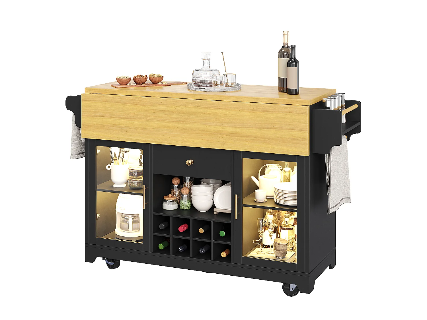 Mobil köksö 120cm - Serveringsvagn med fällbara hyllor, RGB LED-belysning, vinhylla och ergonomisk höjd - Svart