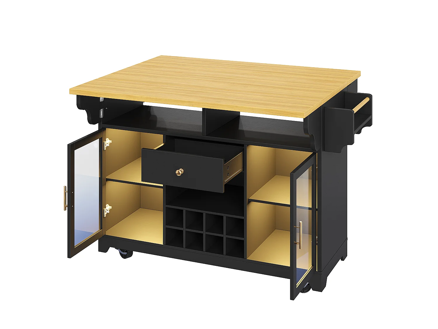 Mobil köksö 120cm - Serveringsvagn med fällbara hyllor, RGB LED-belysning, vinhylla och ergonomisk höjd - Svart