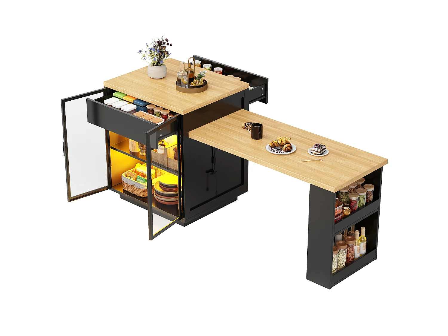 Köksö - Utdragbart Matbord - med LED-belysning och en USB-port - med 2 lådor och 2 dörrar - Svart