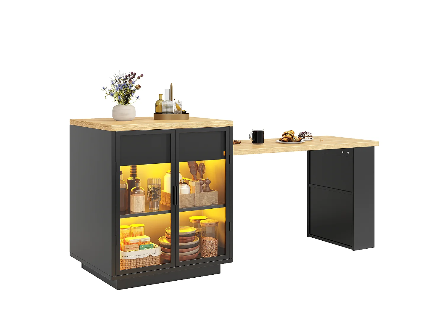 Köksö - Utdragbart Matbord - med LED-belysning och en USB-port - med 2 lådor och 2 dörrar - Svart