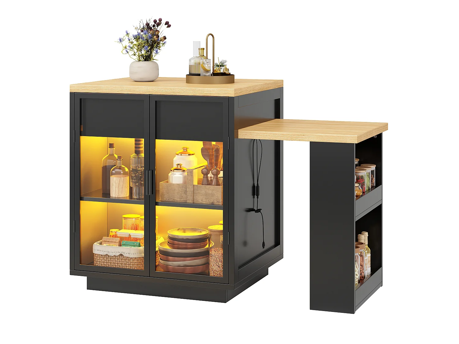 Köksö - Utdragbart Matbord - med LED-belysning och en USB-port - med 2 lådor och 2 dörrar - Svart
