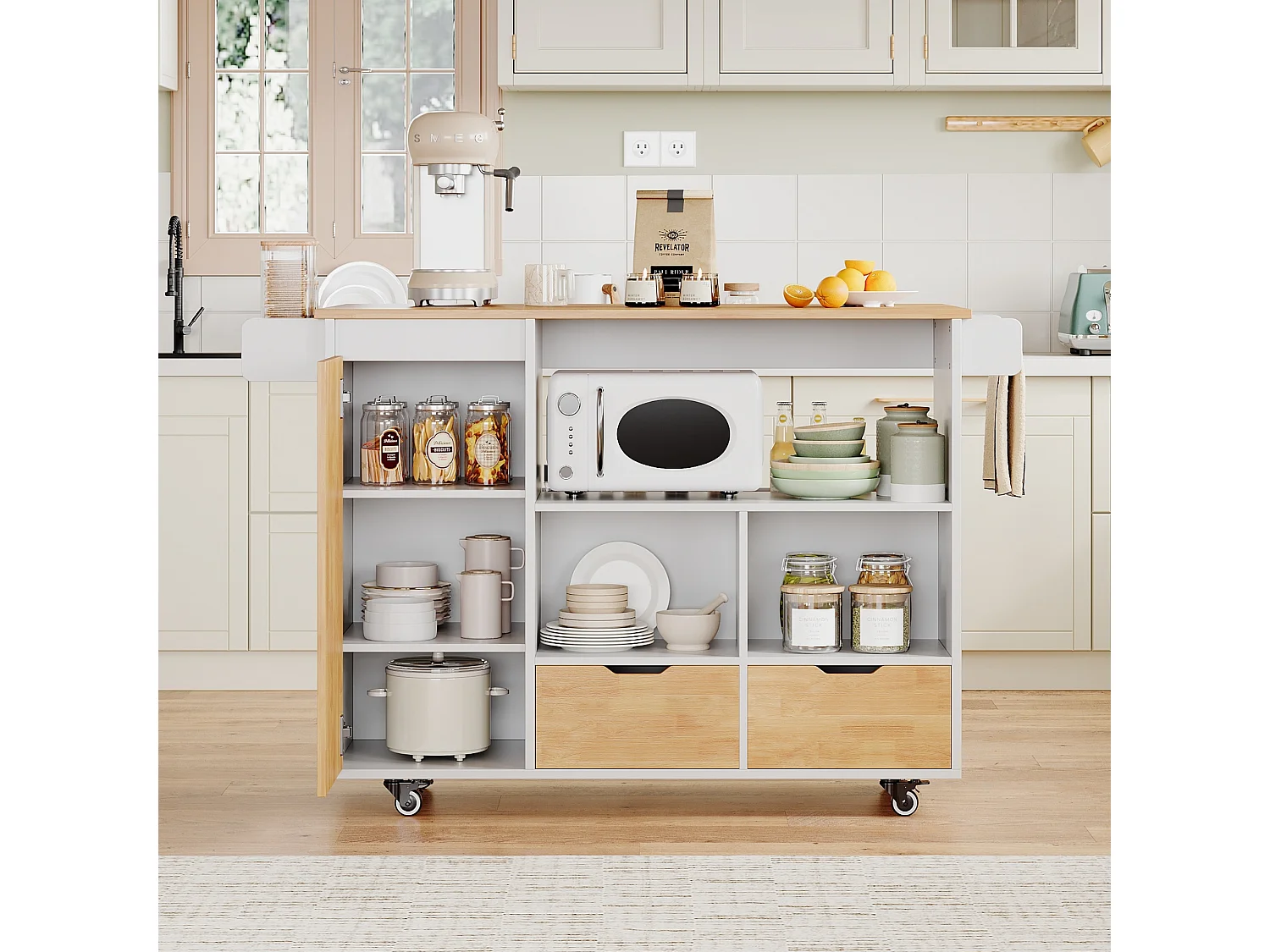 Îlot central de cuisine mobile - table à manger pliable - avec 1 porte et 2 tiroirs - avec roulettes verrouillables - Blanc