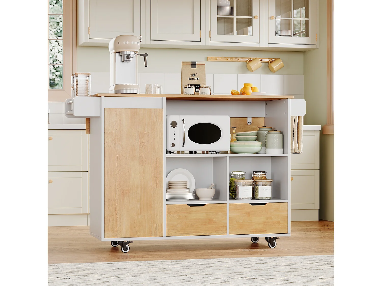 Îlot central de cuisine mobile - table à manger pliable - avec 1 porte et 2 tiroirs - avec roulettes verrouillables - Blanc