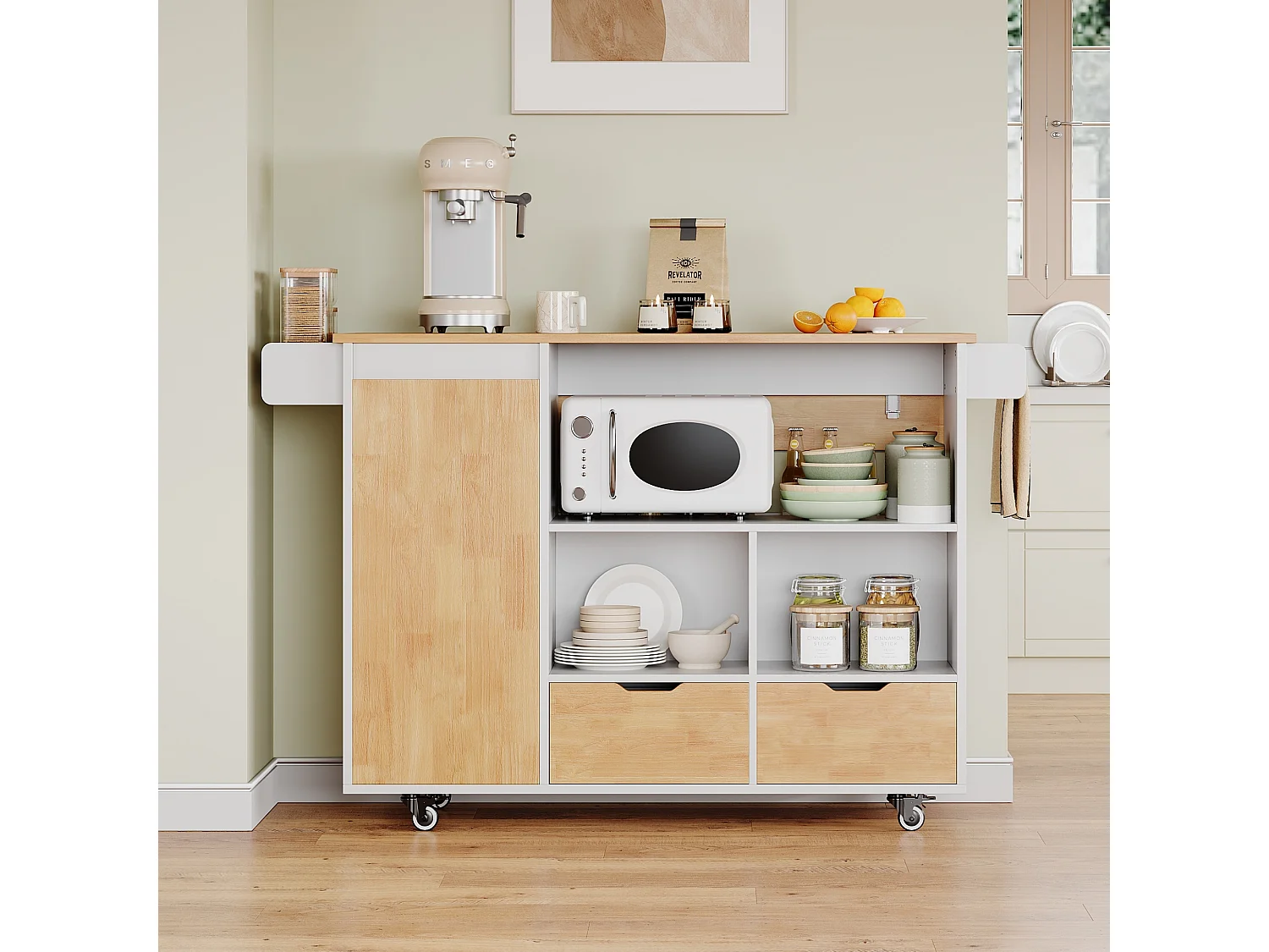 Îlot central de cuisine mobile - table à manger pliable - avec 1 porte et 2 tiroirs - avec roulettes verrouillables - Blanc