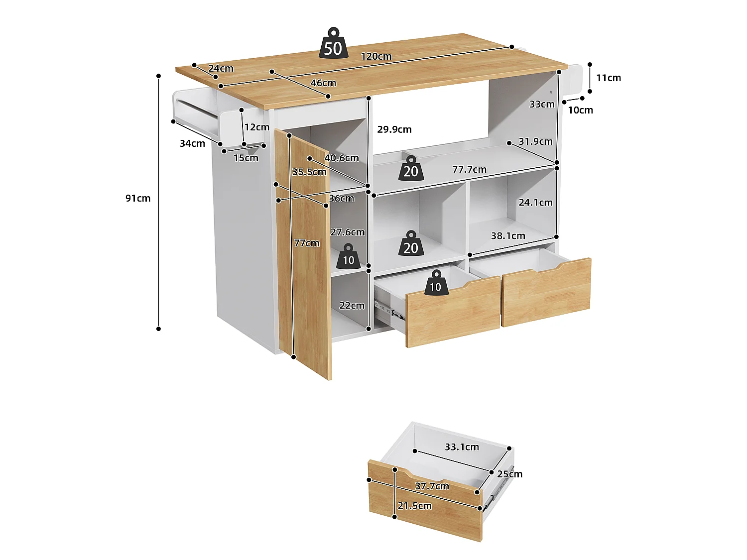Îlot central de cuisine mobile - table à manger pliable - avec 1 porte et 2 tiroirs - avec roulettes verrouillables - Blanc