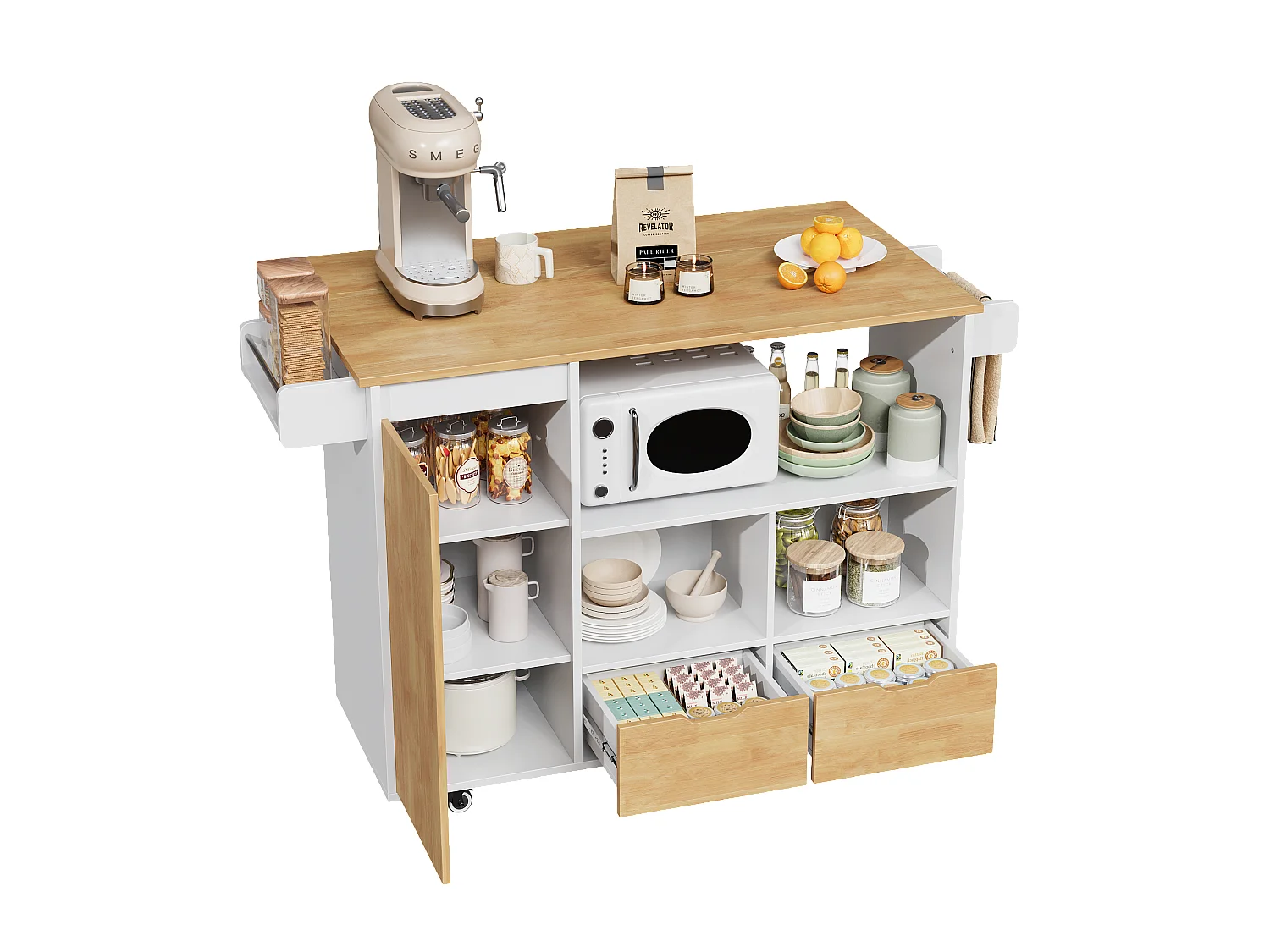 Îlot central de cuisine mobile - table à manger pliable - avec 1 porte et 2 tiroirs - avec roulettes verrouillables - Blanc