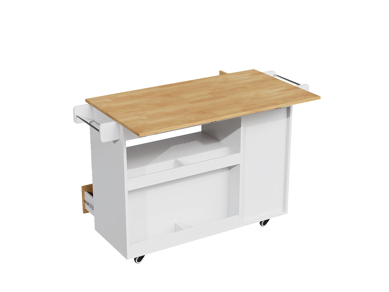 Îlot central de cuisine mobile - table à manger pliable - avec 1 porte et 2 tiroirs - avec roulettes verrouillables - Blanc