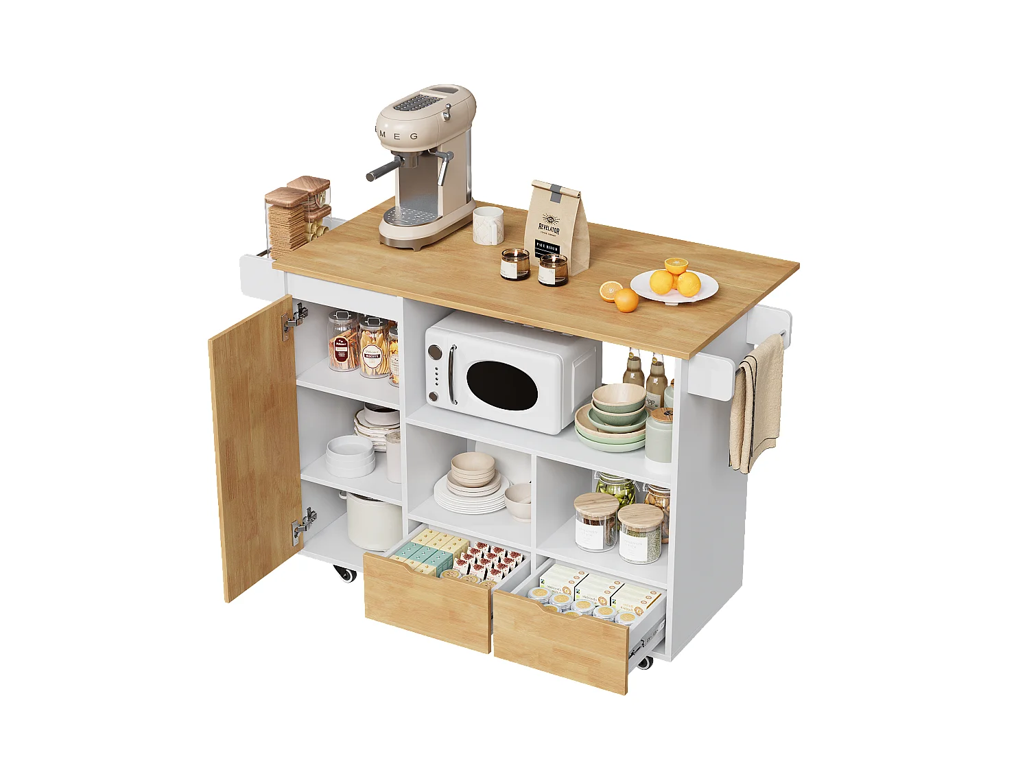 Îlot central de cuisine mobile - table à manger pliable - avec 1 porte et 2 tiroirs - avec roulettes verrouillables - Blanc