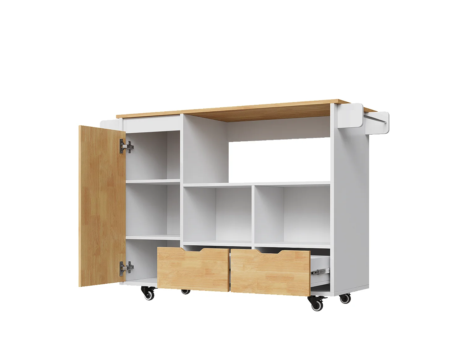 Îlot central de cuisine mobile - table à manger pliable - avec 1 porte et 2 tiroirs - avec roulettes verrouillables - Blanc