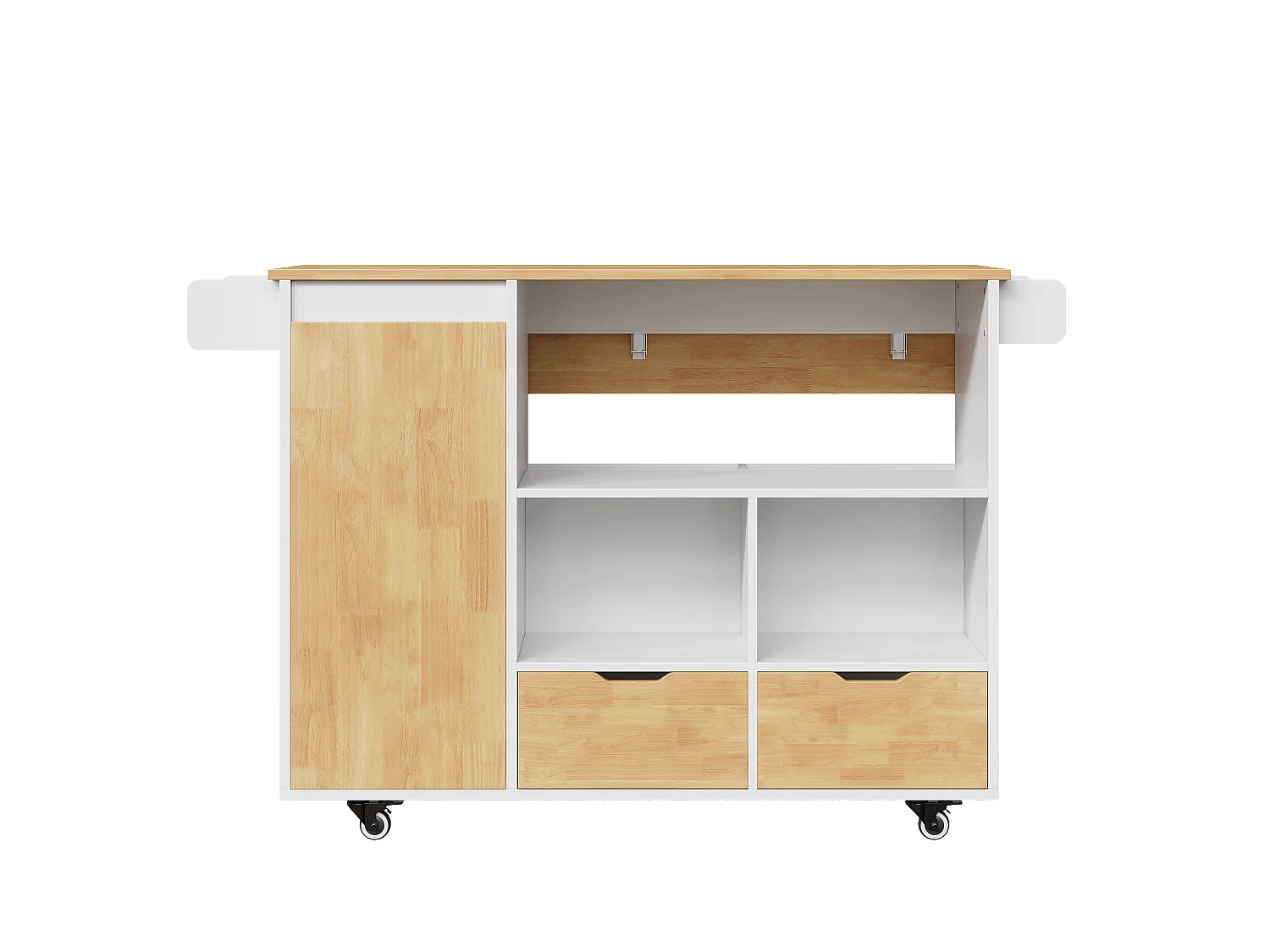 Îlot central de cuisine mobile - table à manger pliable - avec 1 porte et 2 tiroirs - avec roulettes verrouillables - Blanc
