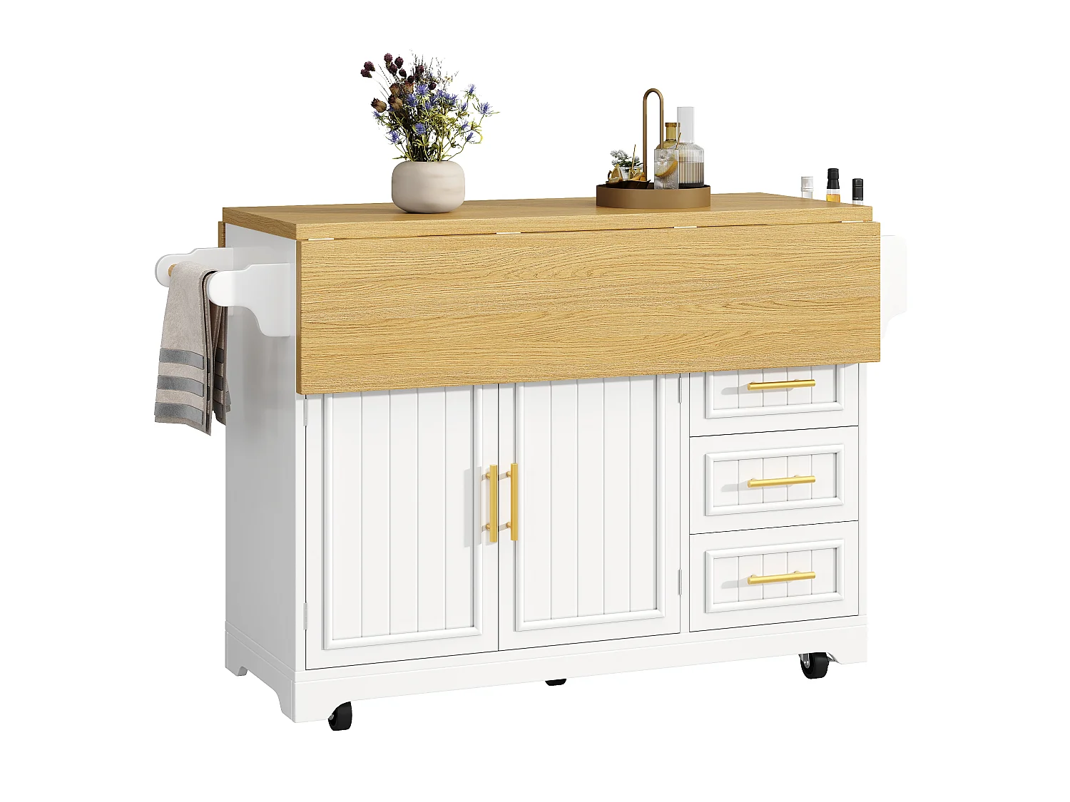 Mobilna wyspa kuchenna 120cm - Wózek serwisowy ze składanymi półkami, drzwiami o pionowym wzorze, ergonomiczną wysokością 95cm i kółkami - Biały i dąb