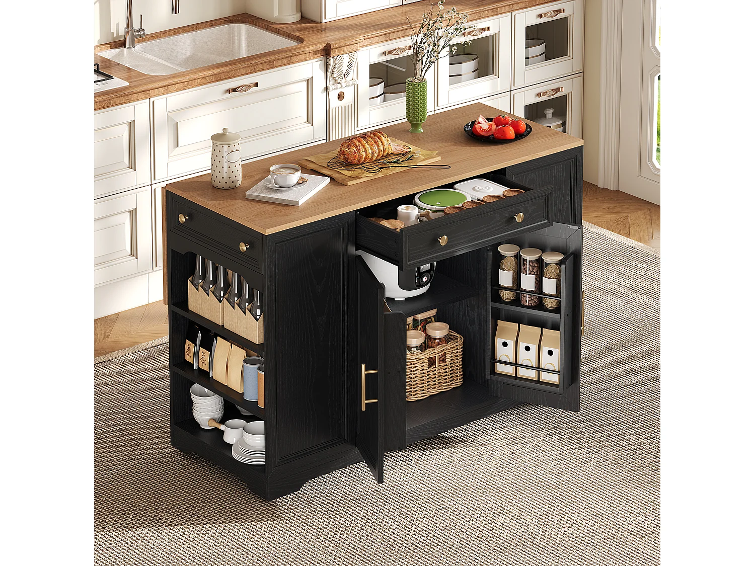 Îlot central de cuisine mobile - table à manger pliable - avec 2 portes et 3 tiroirs - avec meuble poubelle coulissant - Noir