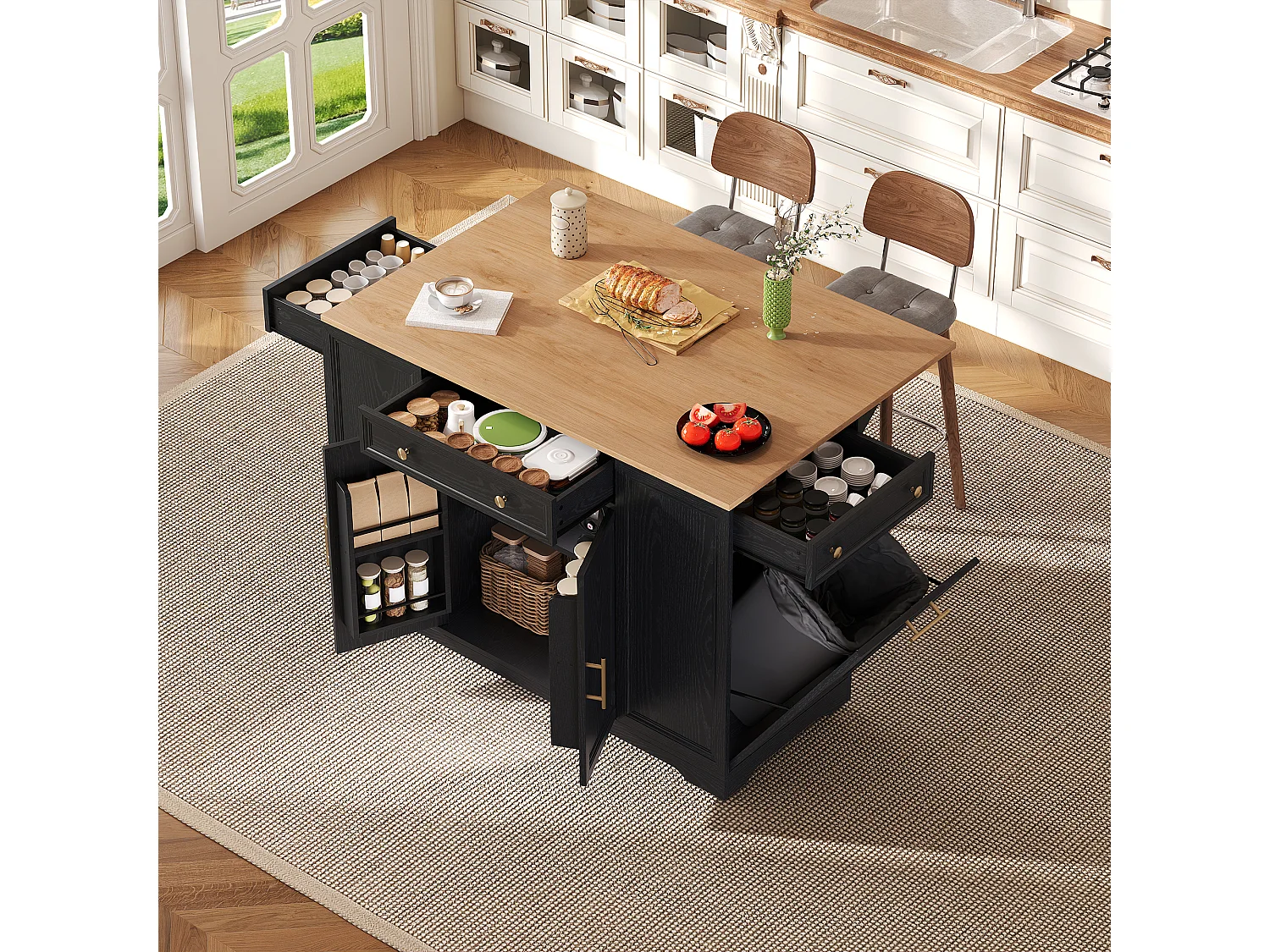 Îlot central de cuisine mobile - table à manger pliable - avec 2 portes et 3 tiroirs - avec meuble poubelle coulissant - Noir