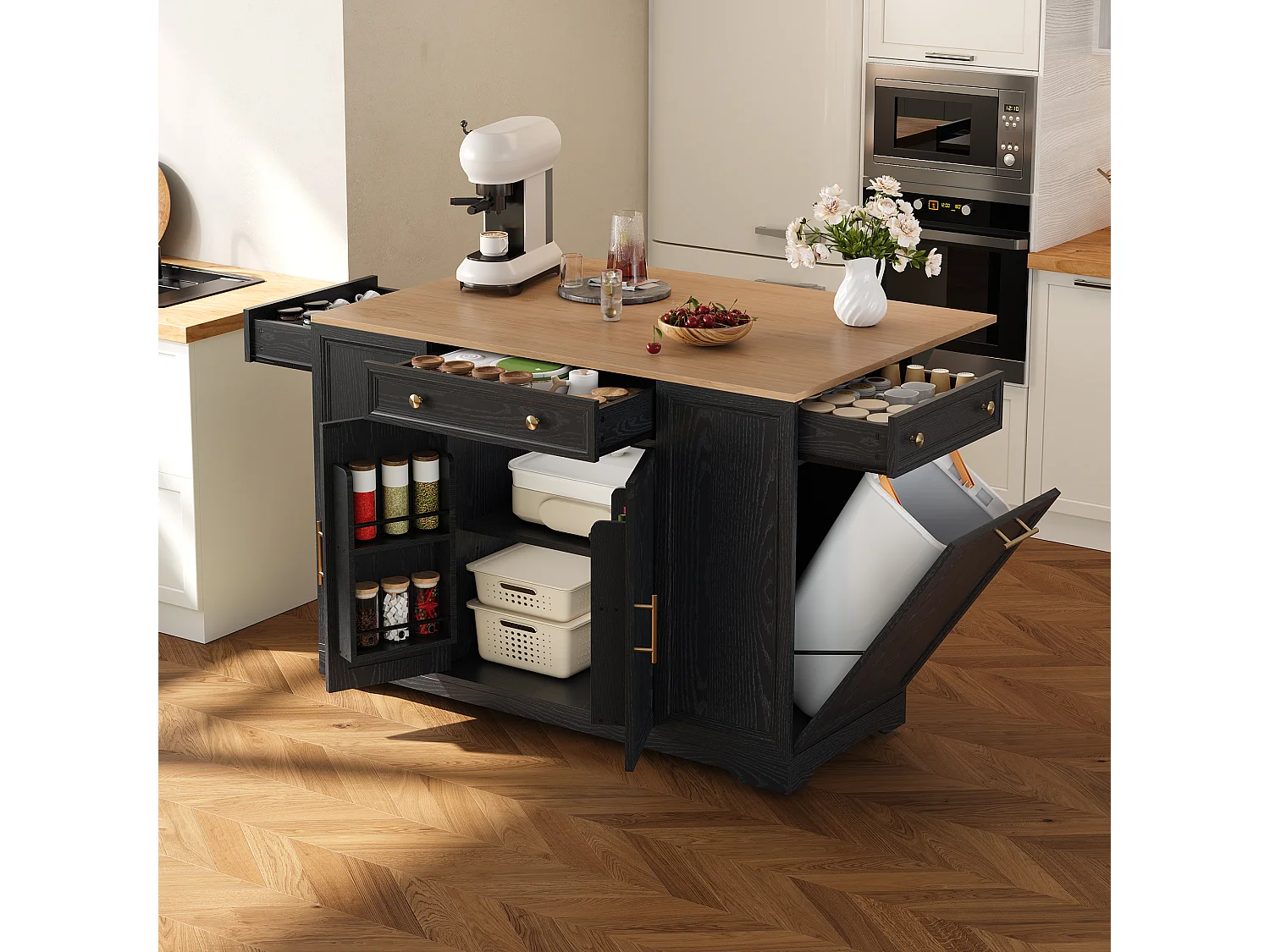 Îlot central de cuisine mobile - table à manger pliable - avec 2 portes et 3 tiroirs - avec meuble poubelle coulissant - Noir