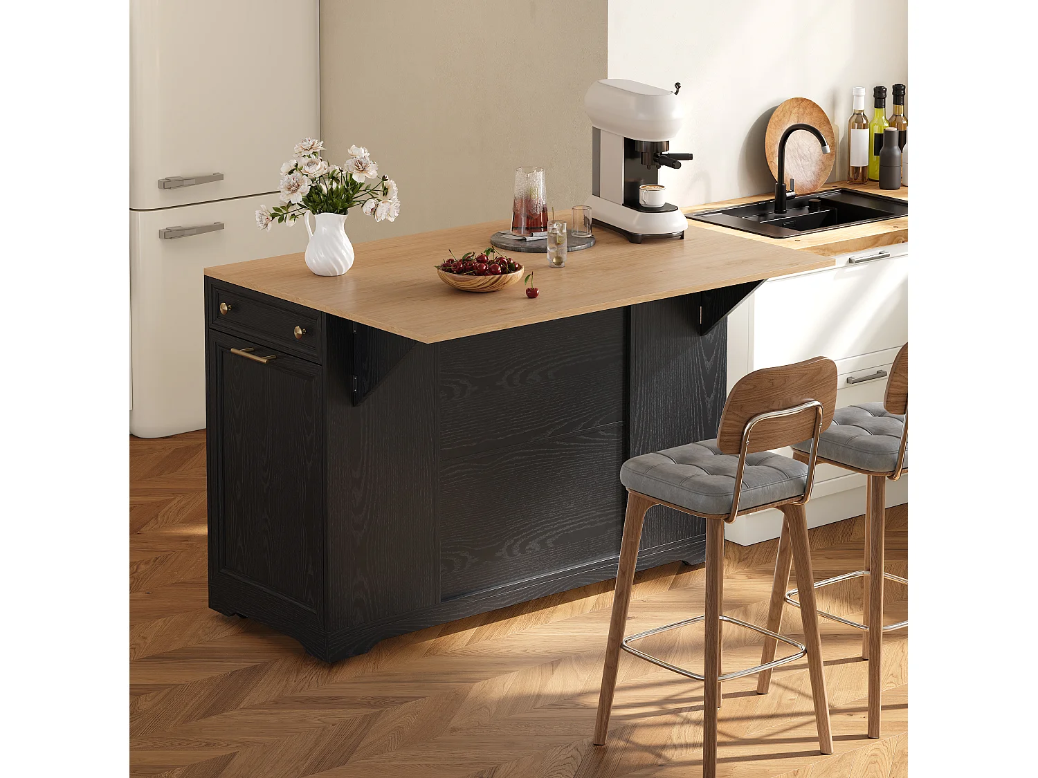 Îlot central de cuisine mobile - table à manger pliable - avec 2 portes et 3 tiroirs - avec meuble poubelle coulissant - Noir