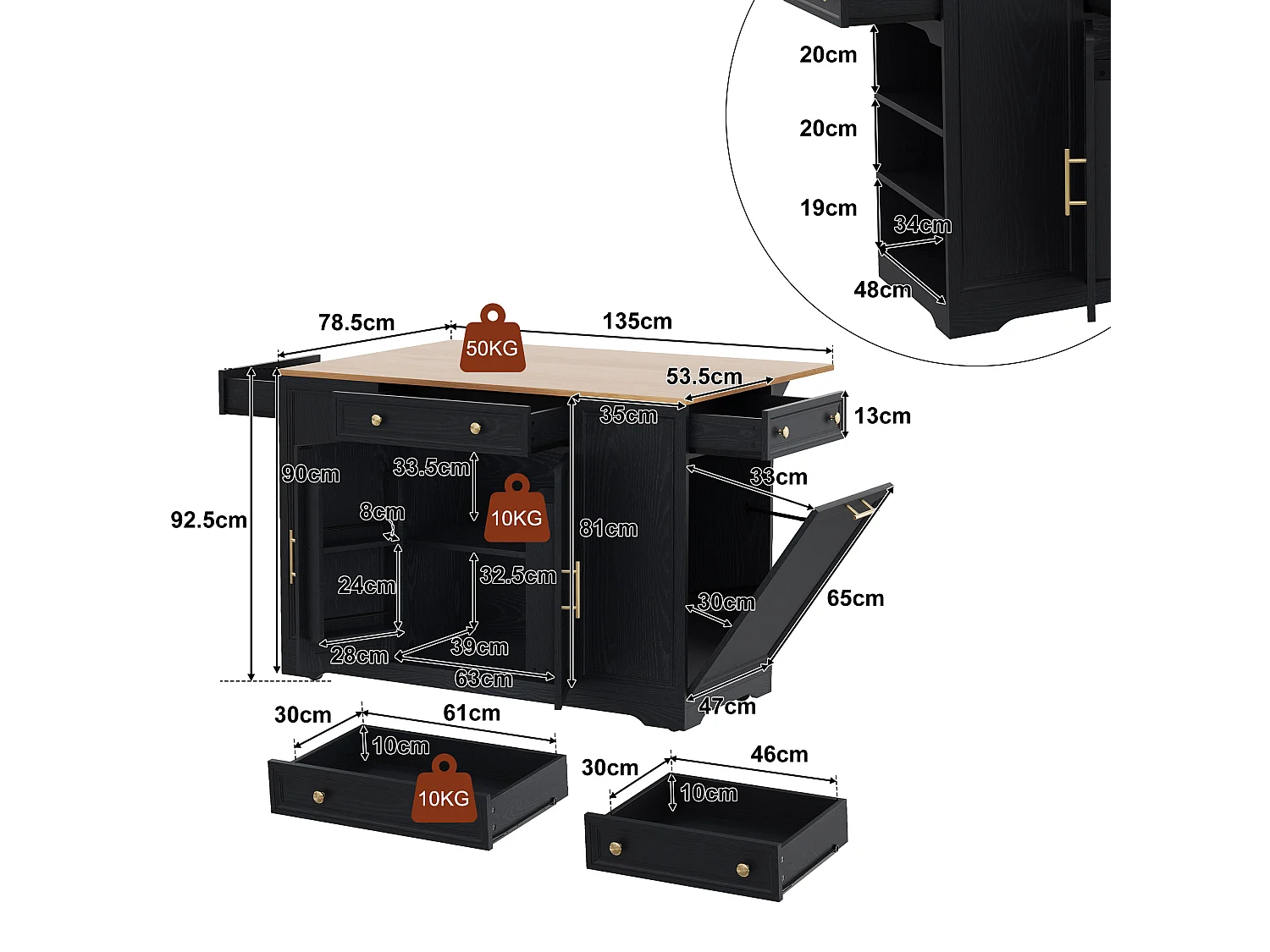 Îlot central de cuisine mobile - table à manger pliable - avec 2 portes et 3 tiroirs - avec meuble poubelle coulissant - Noir