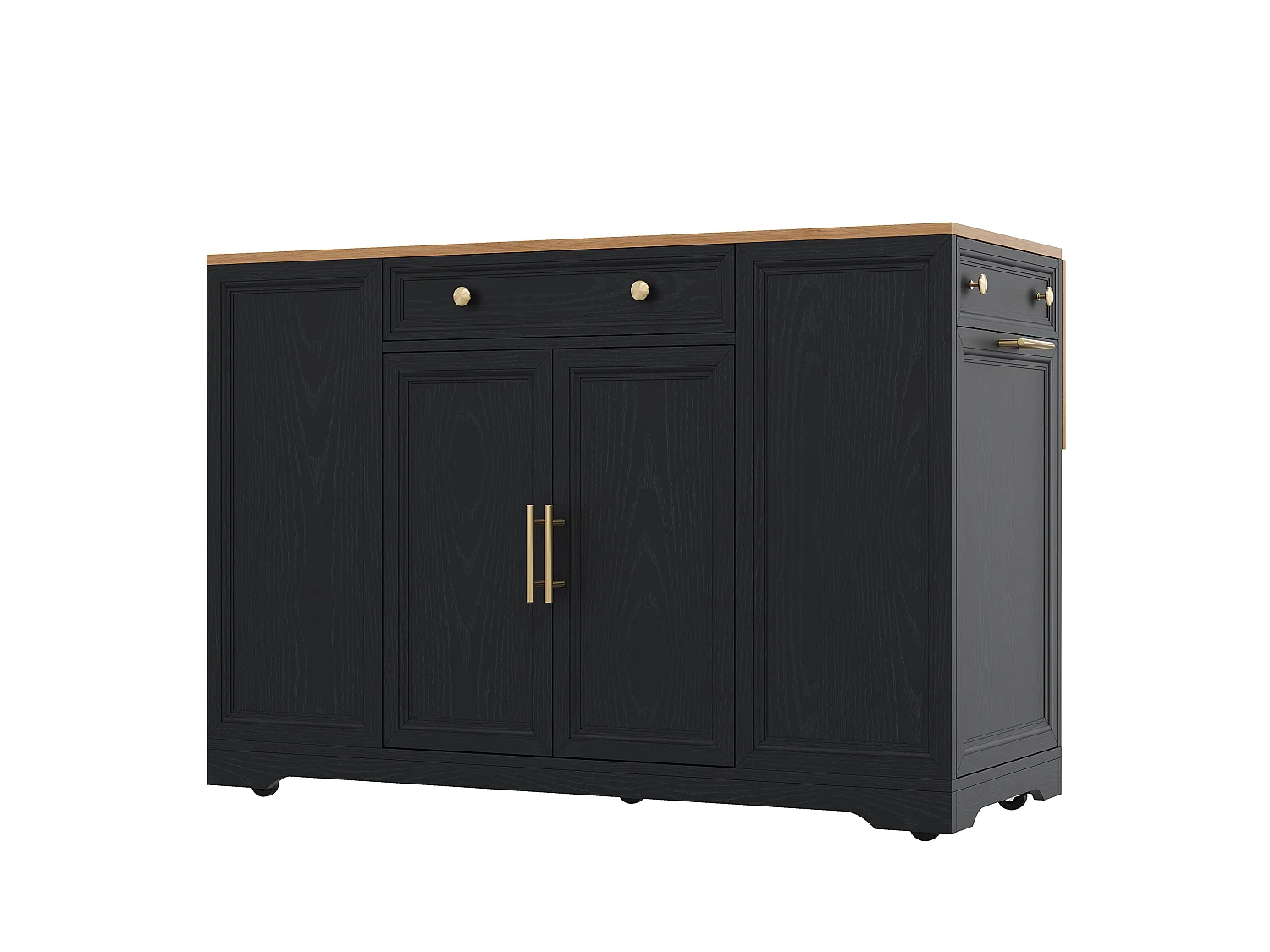 Îlot central de cuisine mobile - table à manger pliable - avec 2 portes et 3 tiroirs - avec meuble poubelle coulissant - Noir