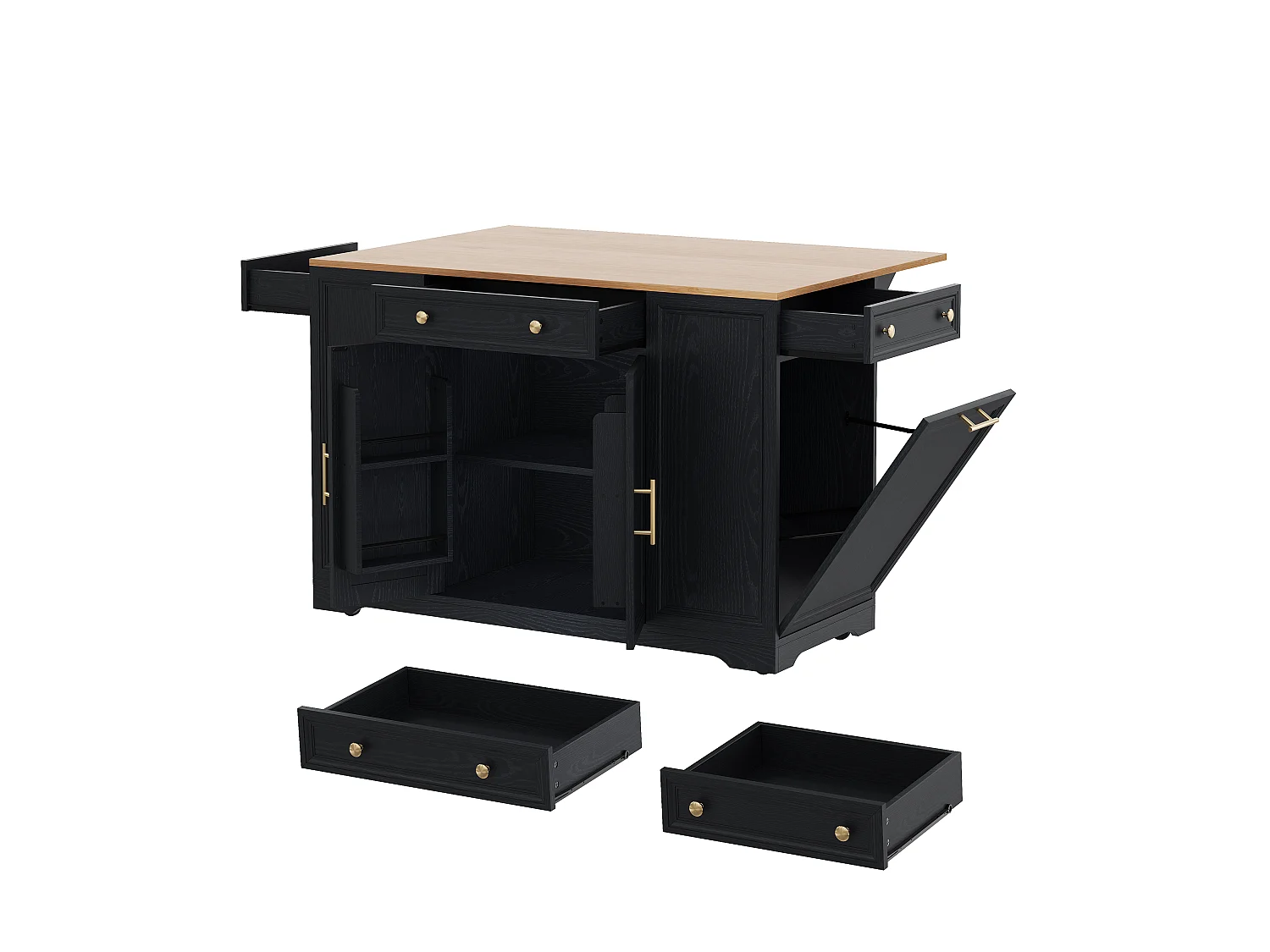 Îlot central de cuisine mobile - table à manger pliable - avec 2 portes et 3 tiroirs - avec meuble poubelle coulissant - Noir