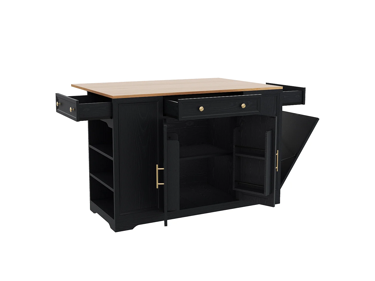 Îlot central de cuisine mobile - table à manger pliable - avec 2 portes et 3 tiroirs - avec meuble poubelle coulissant - Noir