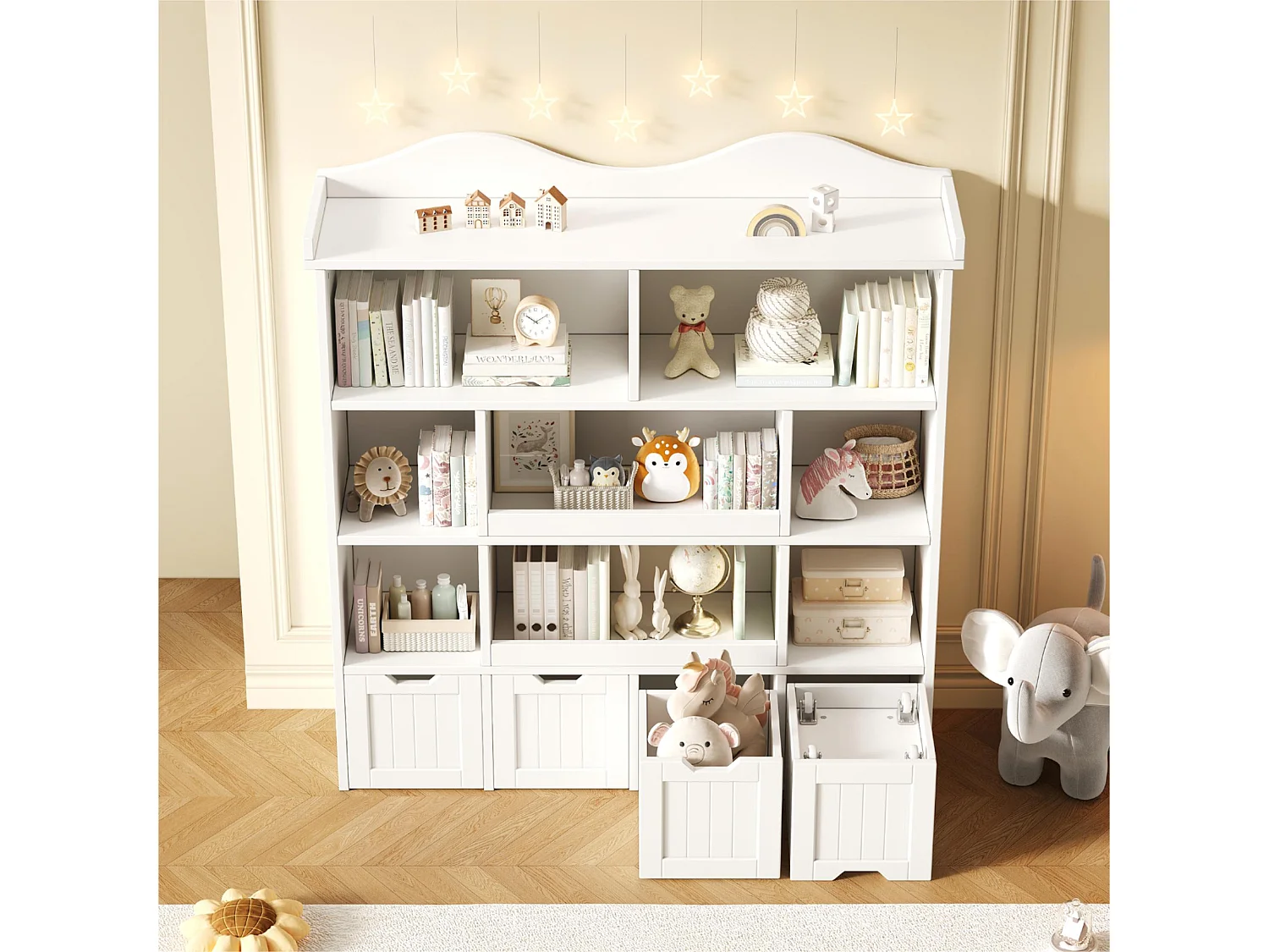 Bibliothèque et présentoir à livres - Meuble de rangement enfant avec 4 tiroirs amovibles - MDF - 120x30x131 cm - Blanc