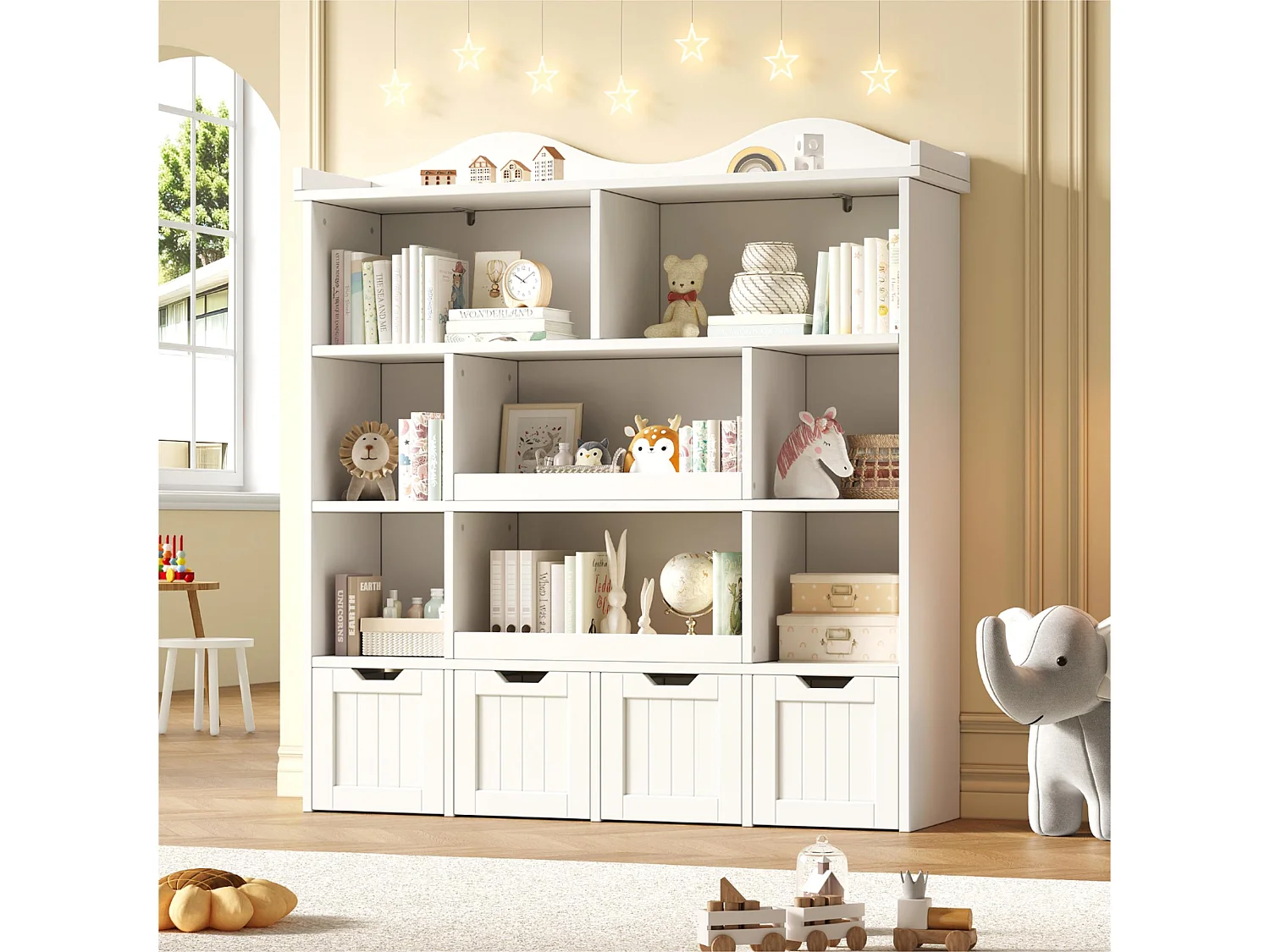Bibliothèque et présentoir à livres - Meuble de rangement enfant avec 4 tiroirs amovibles - MDF - 120x30x131 cm - Blanc