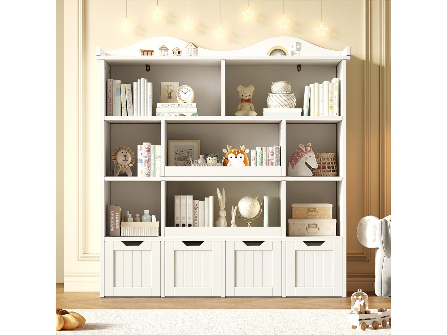 Bibliothèque et présentoir à livres - Meuble de rangement enfant avec 4 tiroirs amovibles - MDF - 120x30x131 cm - Blanc