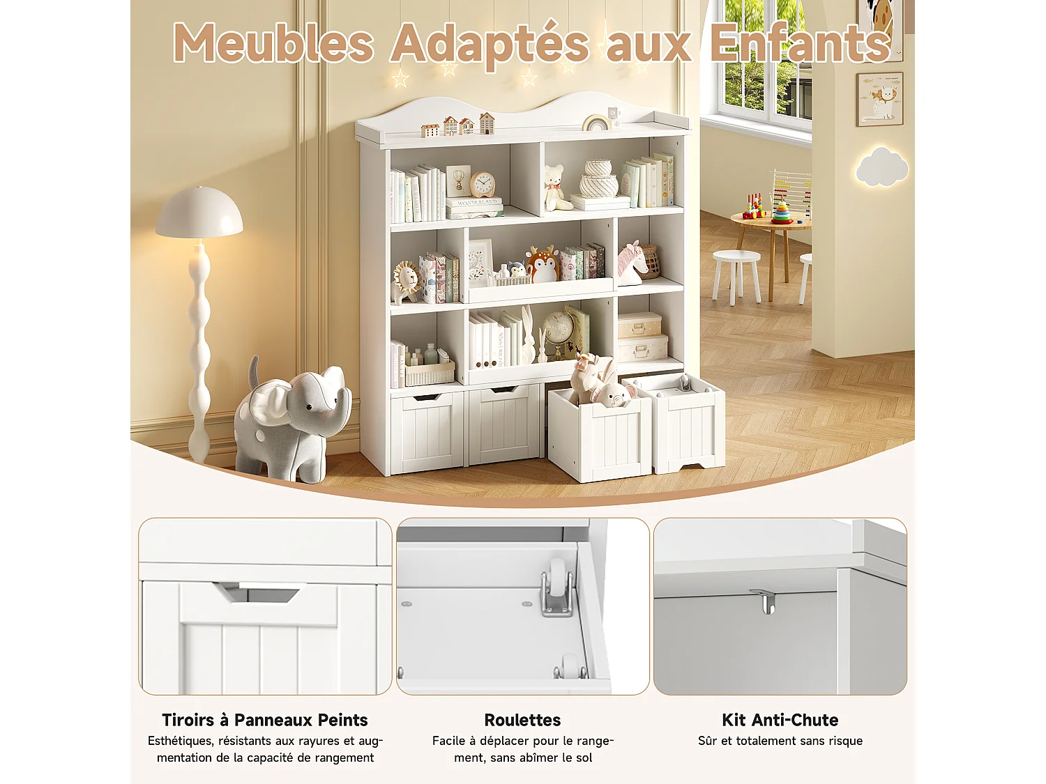 Bibliothèque et présentoir à livres - Meuble de rangement enfant avec 4 tiroirs amovibles - MDF - 120x30x131 cm - Blanc