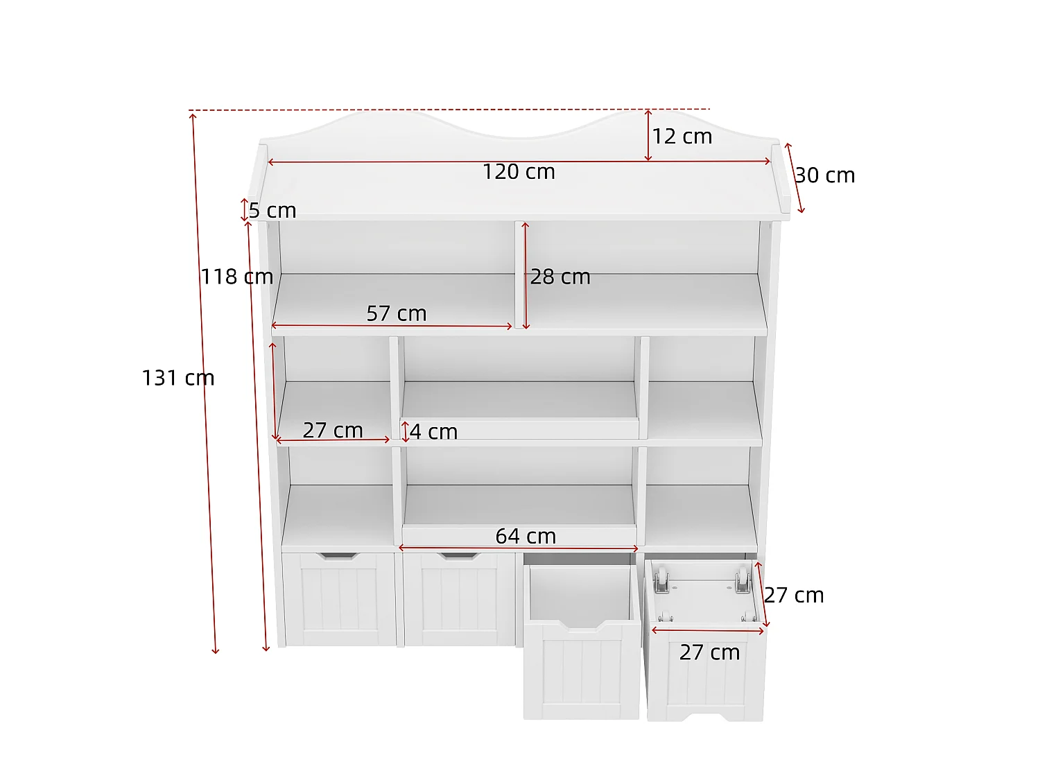 Bibliothèque et présentoir à livres - Meuble de rangement enfant avec 4 tiroirs amovibles - MDF - 120x30x131 cm - Blanc