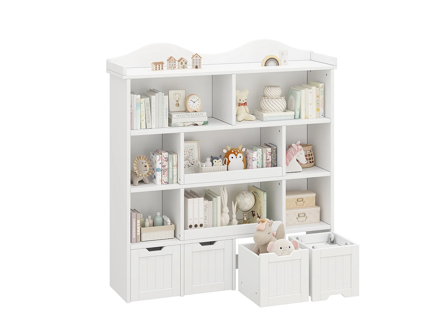 Bibliothèque et présentoir à livres - Meuble de rangement enfant avec 4 tiroirs amovibles - MDF - 120x30x131 cm - Blanc