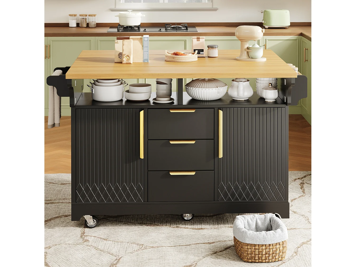 Mobil köksö 120-197cm - Serveringsvagn med fällbara hyllor, dörrar med vertikalt mönster, ergonomisk höjd 95cm och hjul - Svart