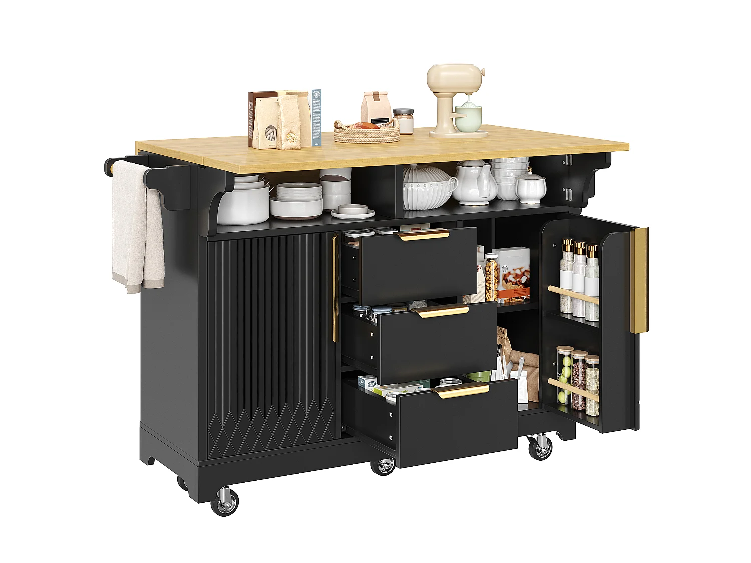 Mobil köksö 120-197cm - Serveringsvagn med fällbara hyllor, dörrar med vertikalt mönster, ergonomisk höjd 95cm och hjul - Svart
