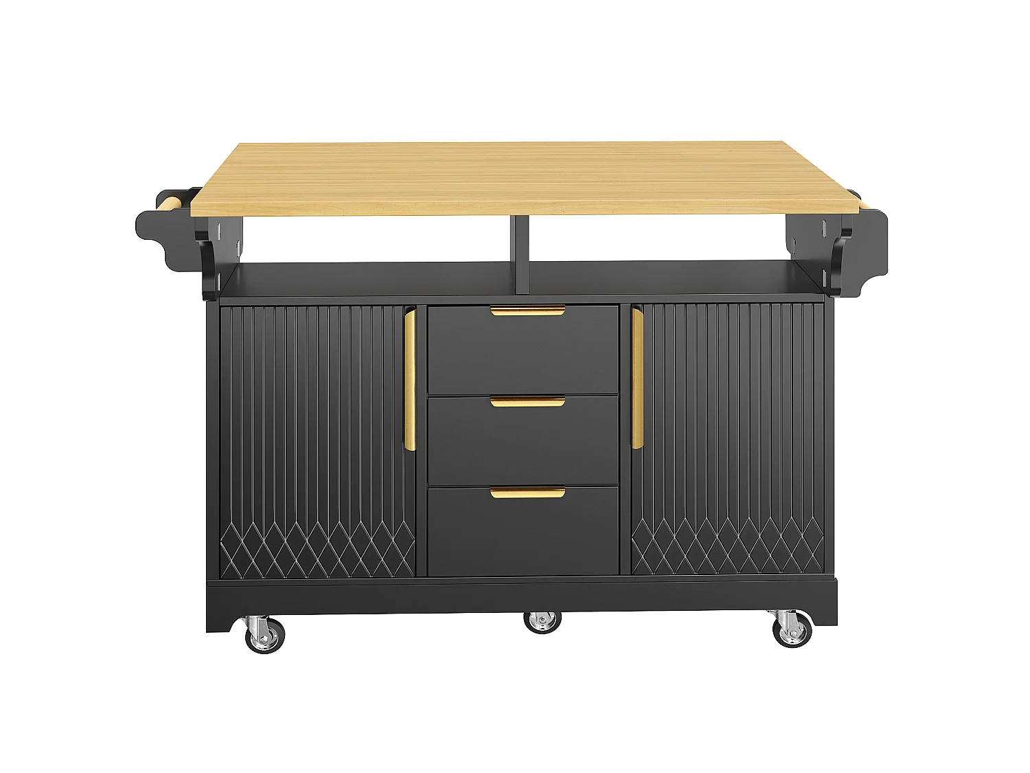 Mobil köksö 120-197cm - Serveringsvagn med fällbara hyllor, dörrar med vertikalt mönster, ergonomisk höjd 95cm och hjul - Svart