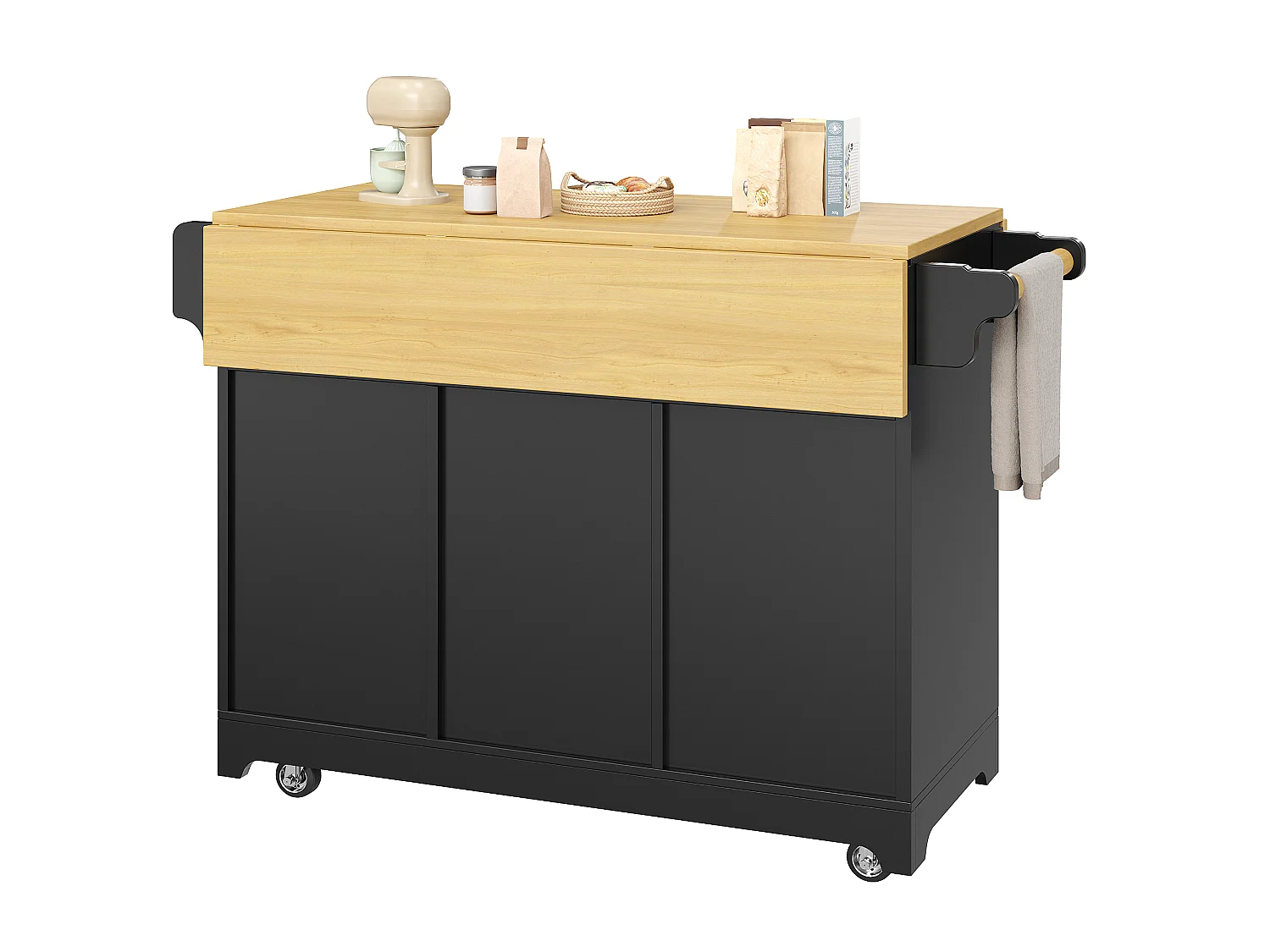 Mobil köksö 120-197cm - Serveringsvagn med fällbara hyllor, dörrar med vertikalt mönster, ergonomisk höjd 95cm och hjul - Svart