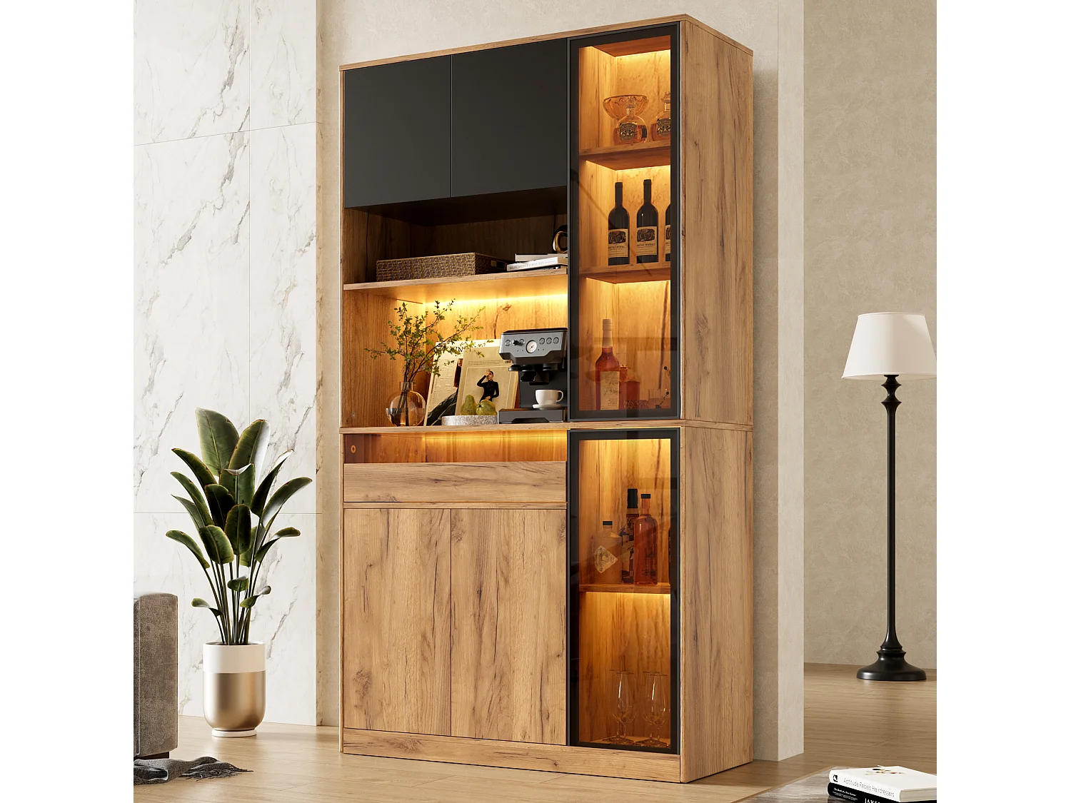 Buffet de cuisine 100x40x180cm - avec 6 portes et 1 tiroir - avec éclairage LED - Noir + Naturel