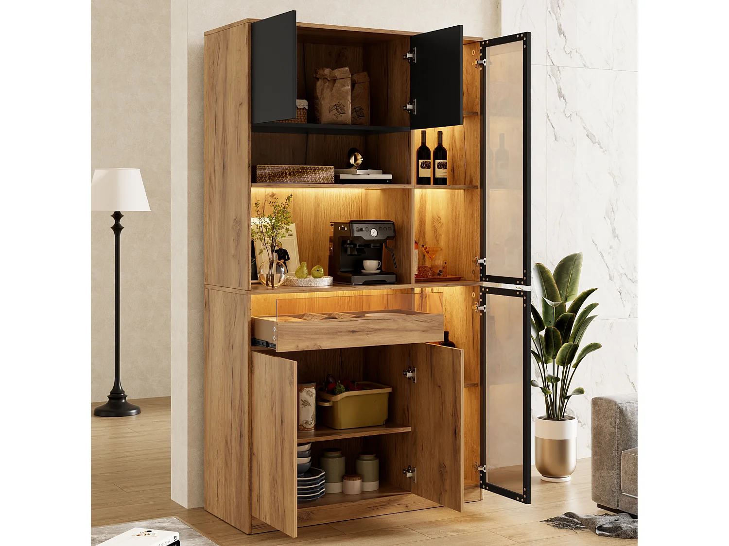 Buffet de cuisine 100x40x180cm - avec 6 portes et 1 tiroir - avec éclairage LED - Noir + Naturel