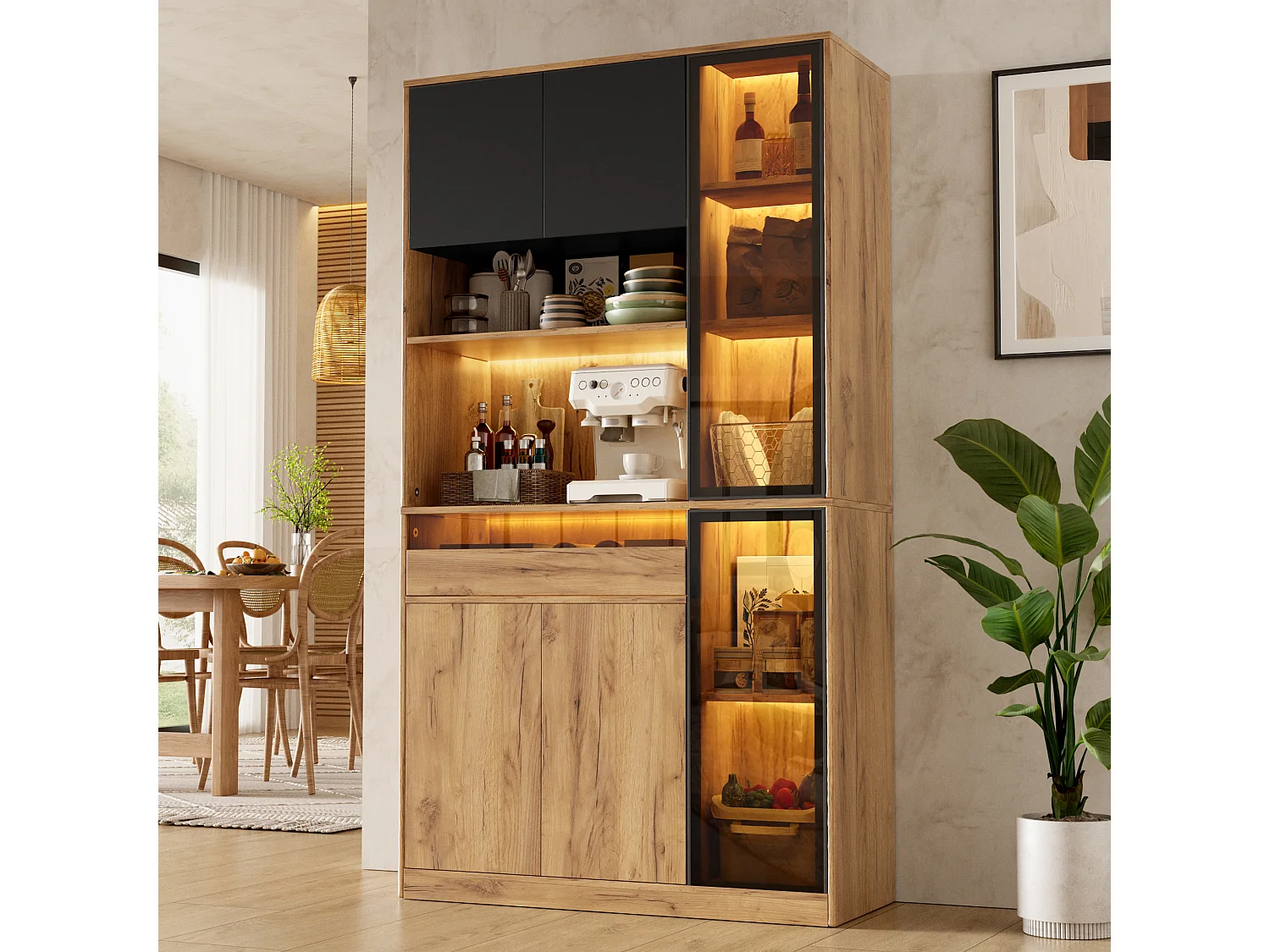 Buffet de cuisine 100x40x180cm - avec 6 portes et 1 tiroir - avec éclairage LED - Noir + Naturel