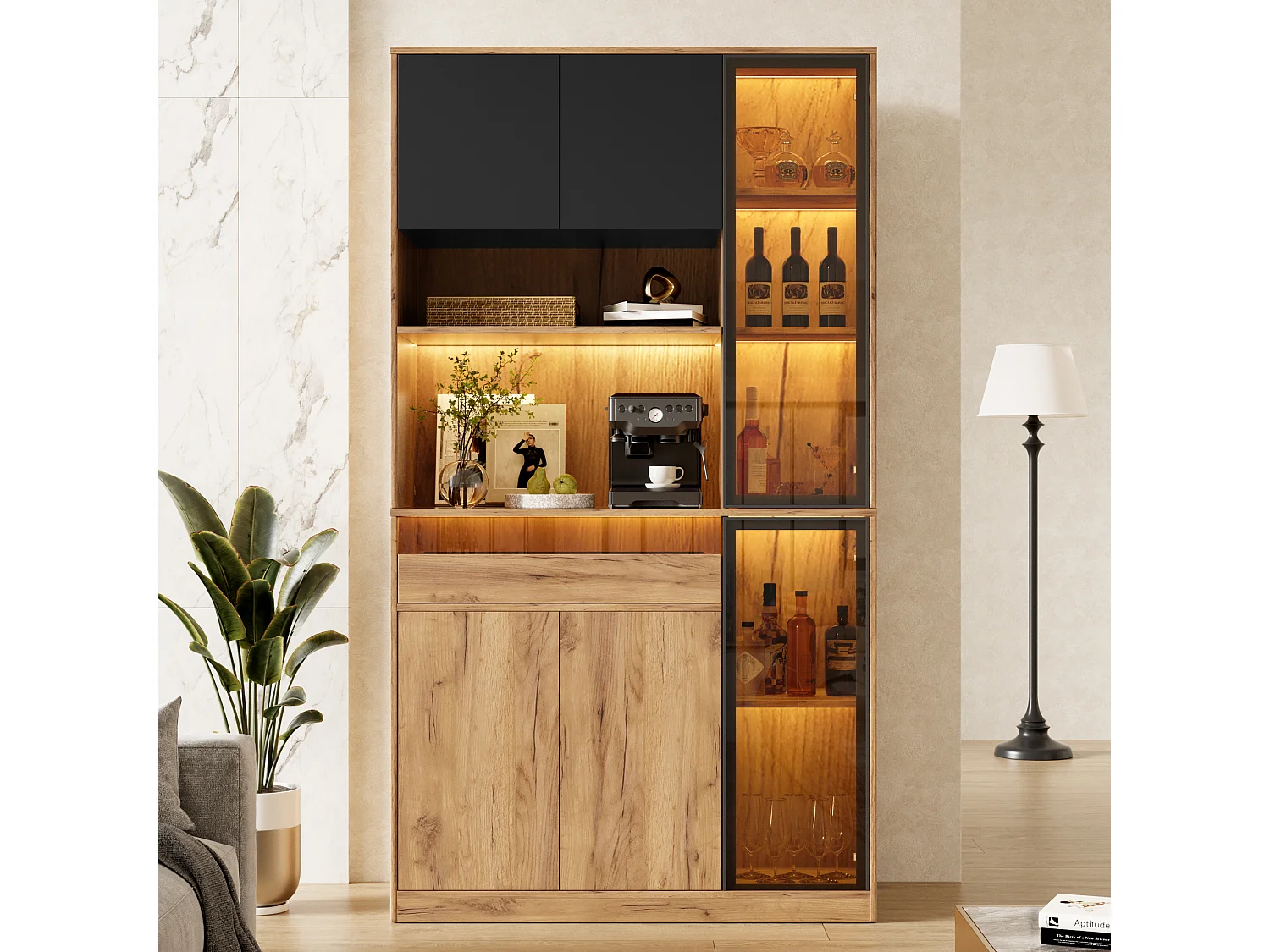 Buffet de cuisine 100x40x180cm - avec 6 portes et 1 tiroir - avec éclairage LED - Noir + Naturel