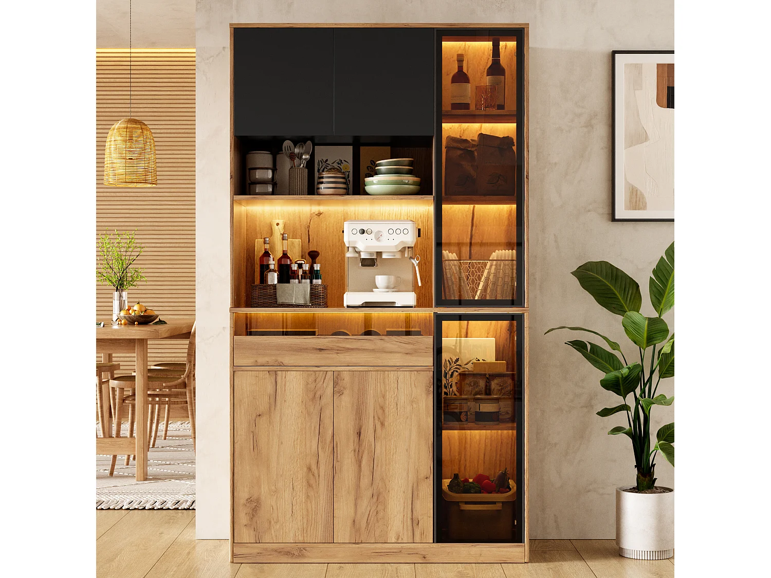 Buffet de cuisine 100x40x180cm - avec 6 portes et 1 tiroir - avec éclairage LED - Noir + Naturel